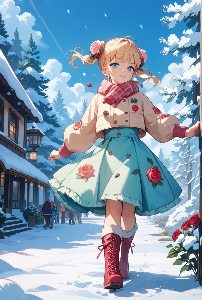 masterpiece, best quality, 1girl, solo, sakura, dressed in winter clothes, socks, two sides up, snowing a lot