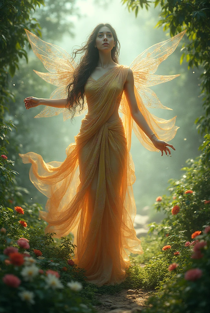 A delicate depiction of the Goddess of Wishing Falls from The Legend of Zelda、In the background, he is standing by a lake in a cave.、A gentle smiling face、Long brown hair、Wearing a light green cloth、Large pale green wings on its back、Floral ornament on the head、