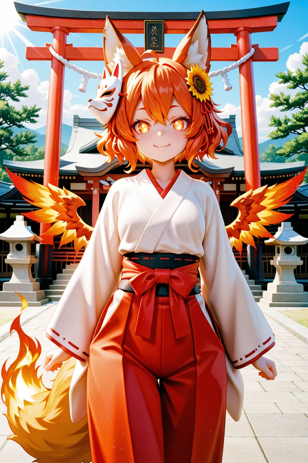 ((masterpiece,best quality:1.2)),((sunflower garden:1.2)),smile,sky:1.2,1girl,be_nienma,wide sleeves,((red japanese clothes:1.2)),red hair, parted sleeves past wrists,Two small pom-poms:1.1,Black 帯,Black ,ribbon,hat,background