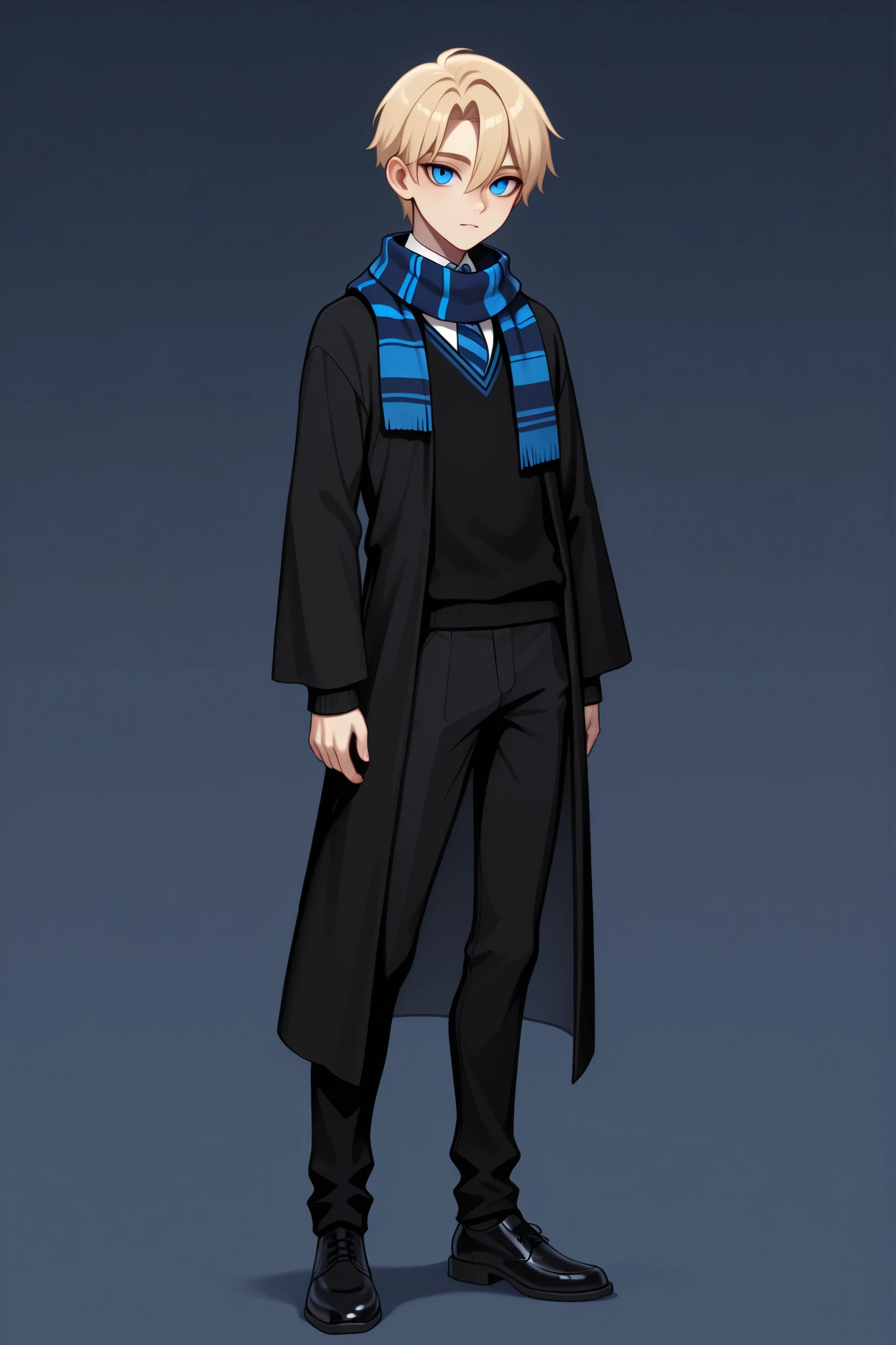 score_9, score_8_up, score_7_up, best quality, masterpiece, 4k resolution, 1boy, solo, youthful, full body, blonde hair, clean hair, tidy hair, neat hair, bangs, parted bangs, hair between eyes, short hair, blue eyes, sharp eyes, looking at viewer, confident posture, hogwarts uniform, ravenclaw, black robe, necktie, striped necktie, collared shirt, sweater, black pants, black sweater, dark blue scarf, wrapped scarf, black shoes, calm expression, cool expression,