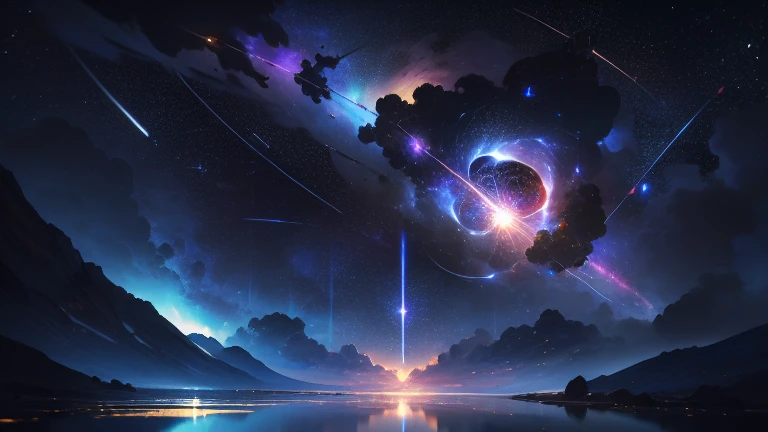 (zoomed out:1.1), (meteor shower:1.2), (comet:1.1), low angle, aroura borealis, shooting star, cloud, colorful, starry, stars, night, flower field, flower blossom, night sky, beautiful flowers, night theme, Surrealism, high detail, from below, from below, Hyperrealism, Impressionism, best quality, masterpiece, UHD, retina, award winning, 4K, anatomically correct, super detail --auto