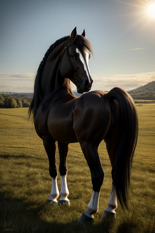 full side view of a big fat Clydesdale horse  mare with a massive bum and a very short tail. horse facing horizon .  very full figured very dark skinned   African woman riding horse. flat grass meadow. looking to horizon . a  single huge  pile of steaming horse dung on the ground behind horse.   cloudless blue sky. 