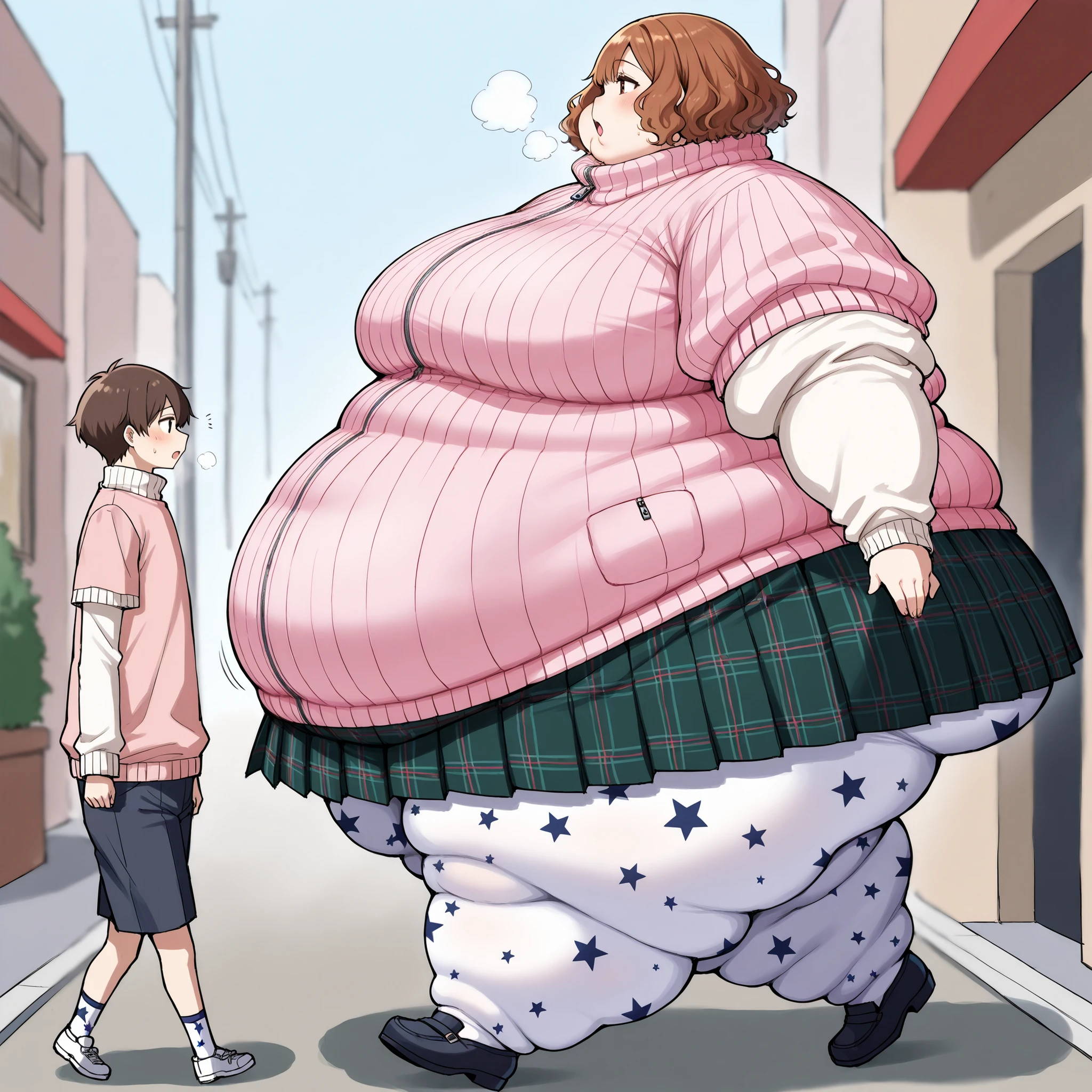 p5haru, brown hair, short hair, wavy hair,
p5haru-winteruni, turtleneck sweater, ribbed sweater, pink sweater, zipper, short over long sleeves, layered sleeves, white long sleeves, pleated skirt, print legwear, plaid skirt, star print pantyhose, white pantyhose, fat, chubby, obese,, large breasts open mouth, out of breath, Larger female, full body shot, 1girl, 1boy, duo, larger_female, taller_female, size_difference, side view, outside, walking,