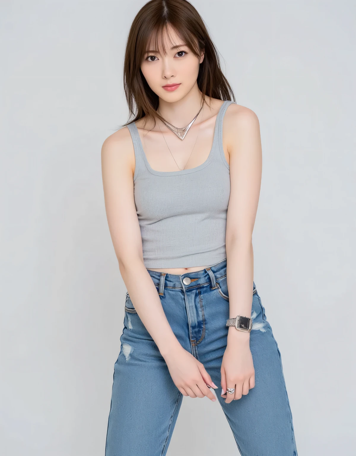 (ultra-realistic realism), (illustratio), (high resolution), (8K), (extremely detaile), (best illustration), (Beautiful and delicate eyes), (Best quality), (Super detailed), (tmasterpiece), (Wallpapers),white sleeveless cut and sew, denim , dynamic pose, , masterpiece, high definition, 24K,hinata uzumaki