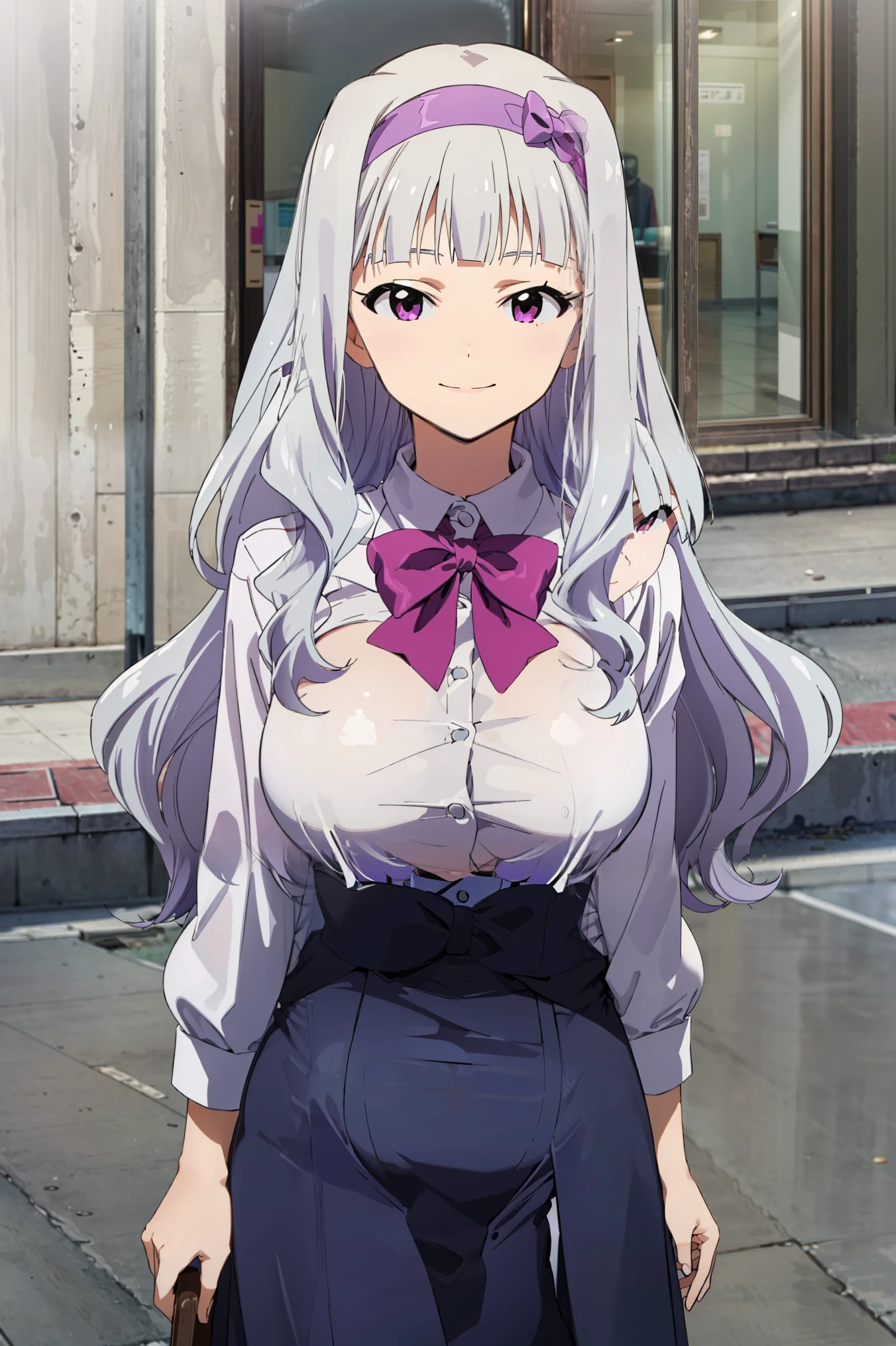 (((pixel-perfect, detail-perfect))), solo, 1girl, takane shijou, purple hairband, big boobs, shirt, bow, looking at viewer, smile, standing