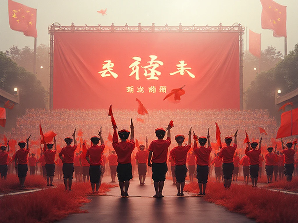 Several men in white uniforms were waving red flags, Highlight, beijing, Gamine, Children, , children's, november, flag, flag in hands up, Stand triumphantly，Stand proudly, Chinese children，In front of the Monument to the People's Heroes