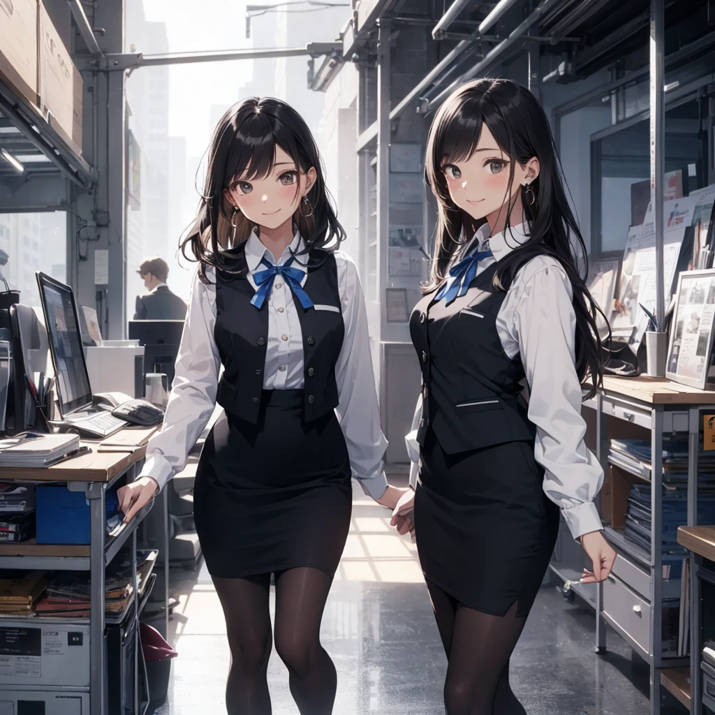 whole body, delicate  features, big , medium hair, black hair, tearful mole, earring, business suit, pants,