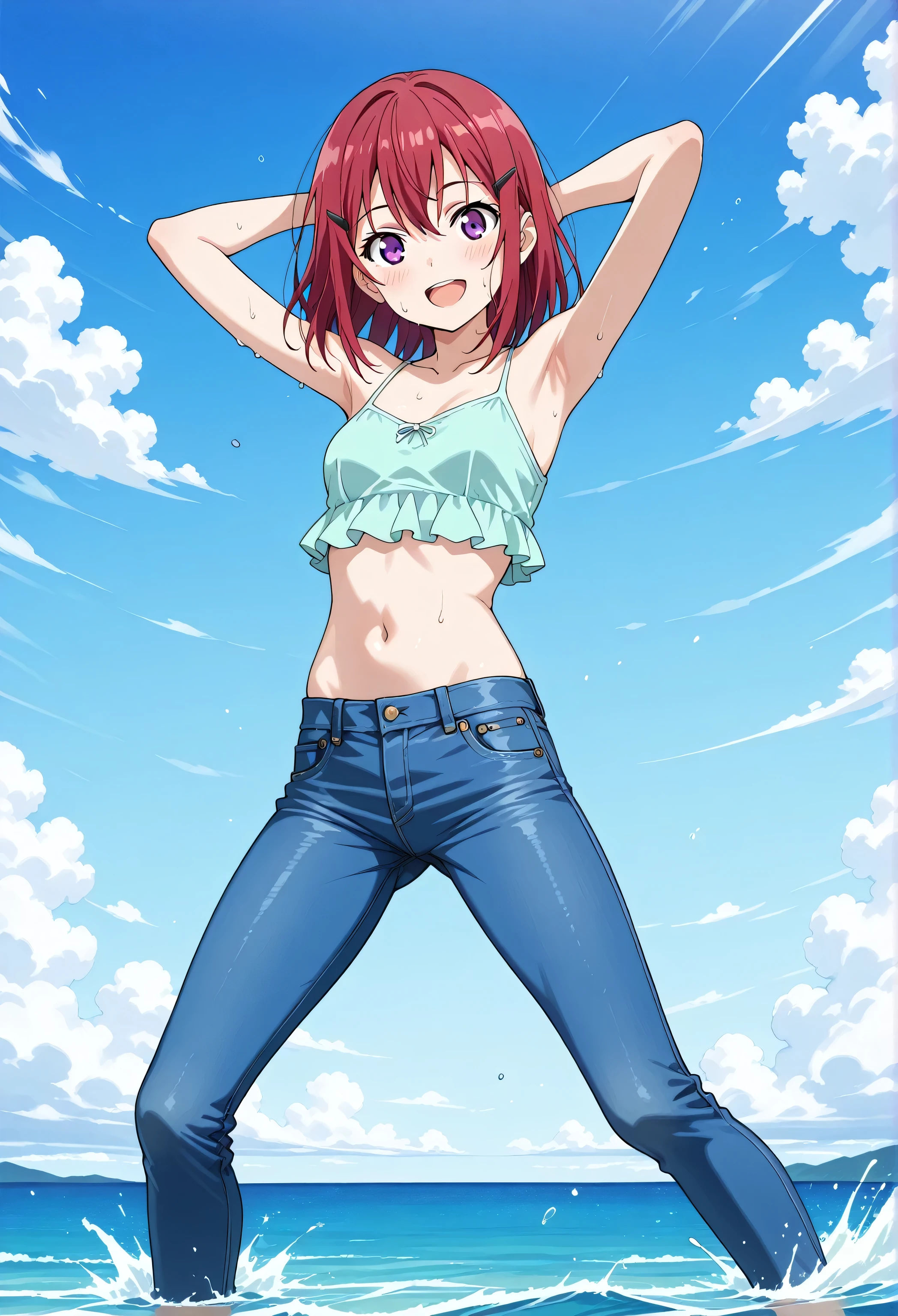 score_9, score_8_up, score_7_up, source_anime, highres, hi res, best quality, top quality, masterpiece, 2d, intricate details, official style, anime, 4k, anime style, 1 girl, Alone, solo, ((ocean)), tsunami, on the water, day, outdoors, sky, windy, kanzakitomoyo, medium hair, red hair, purple eyes, small , Turquoise camisole top, crop top, Turquoise crop top, best quality, ((blue jeans:1.9)), (dark blue jeans:0.6), full medium body, medium shot, Open mouth, smiling, happy face, blush, sweat, standing, arms behind head, bowlegged, sliding pose, action, looking at viewer, , Bend knees slightly, straight-on front view