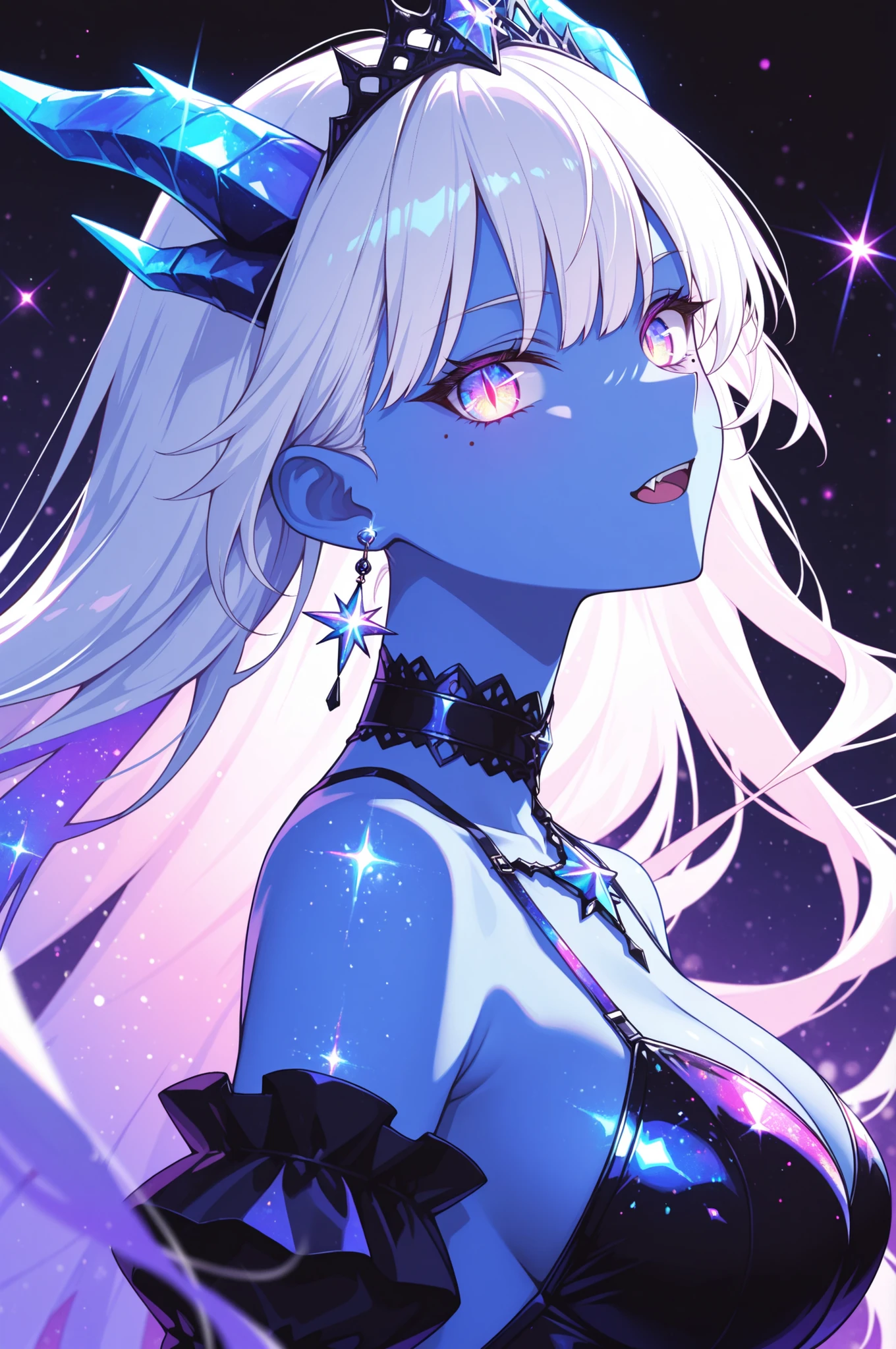 masterpiece, ultra-HD, high detail, best quality, very aesthetic, 8k, best quality, sharp focus, three quarter face shot, depth of field, shallow depth of field. 1girl, Dragon Princess, White hair, magenta sparkly iridescent eyes(slit pupil), Big pretty eyes, mole under eye, glowimg chromatic Dragon horns. (fang), choker, drop earring. Blue skin, gothic accessories, star. purple high neck ancient goddess dress, tiara. bioluminescence, bow. black with neon lighting, dark theme, upper body shot. shoot from side, looking at viewer. dynamic composition, dynamic angle. 