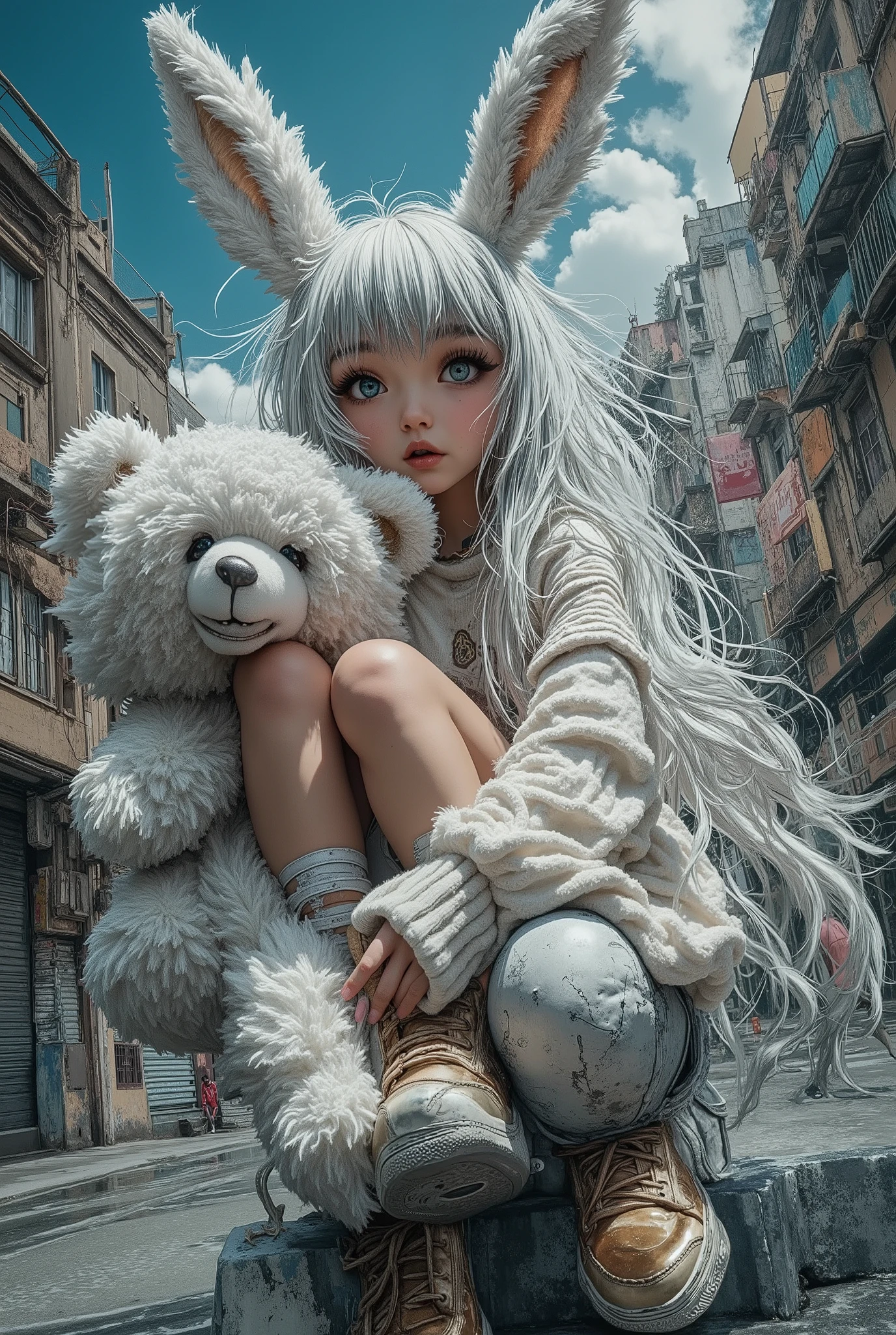 A whimsical soft digital painting, masterpiece, high quality, Oil Painting, Hyper-realistic, Low-angle urban portrait of a stylish tween angel with long white hair in the middle of a city street. She is wearing metalic gold high-top sneakers adidas, ripped jeans, a white Nordic sweater, and is hugging a huge white Teddy Bear that is bigger then she is. Her large white feathery wings are extended from her back. Her deep blue eyes are looking at the viewer. She is framed by towering apartment buildings under a blue sky. Distorted perspective, fisheye lens look, streetwear editorial vibe with Y2K, The atmosphere crackles with tension and pride, a visual symphony of rebellion, unity, and raw street charisma. Style: gritty realism with dramatic contrast and urban textures. Mood: intense, defiant, and cool. Shadow and light, Masterpiece, intricate lines, intriguing atmosphere, sharp magnificent details, oil painting, delicate features, elaborate details, (2\3 rule composition:0.5), ultra detailed, romantic, Rembrandt lighting, brush stroke, lovely, del1cate_balance style, novuschroma, in the style of Rembrandt.