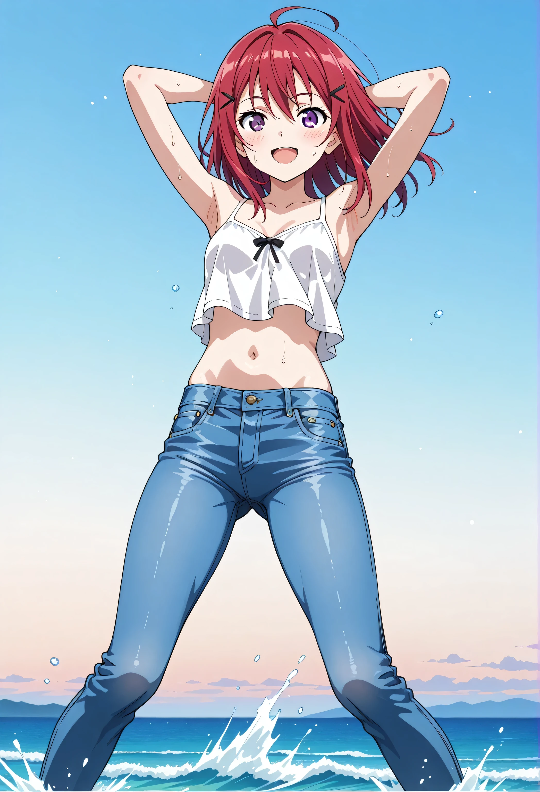 score_9, score_8_up, score_7_up, source_anime, highres, hi res, best quality, top quality, masterpiece, 2d, intricate details, official style, anime, 4k, anime style, 1 girl, Alone, solo, ((ocean)), tsunami, on the water, day, outdoors, sky, windy, kanzakitomoyo, medium hair, red hair, purple eyes, small , white camisole top, crop top, white crop top, best quality, ((blue jeans:1.9)), (dark blue jeans:0.6), full medium body, medium shot, Open mouth, smiling, happy face, blush, sweat, standing, arms behind head, bowlegged, jumping pose, action, looking at viewer, , Bend knees slightly, straight-on front view