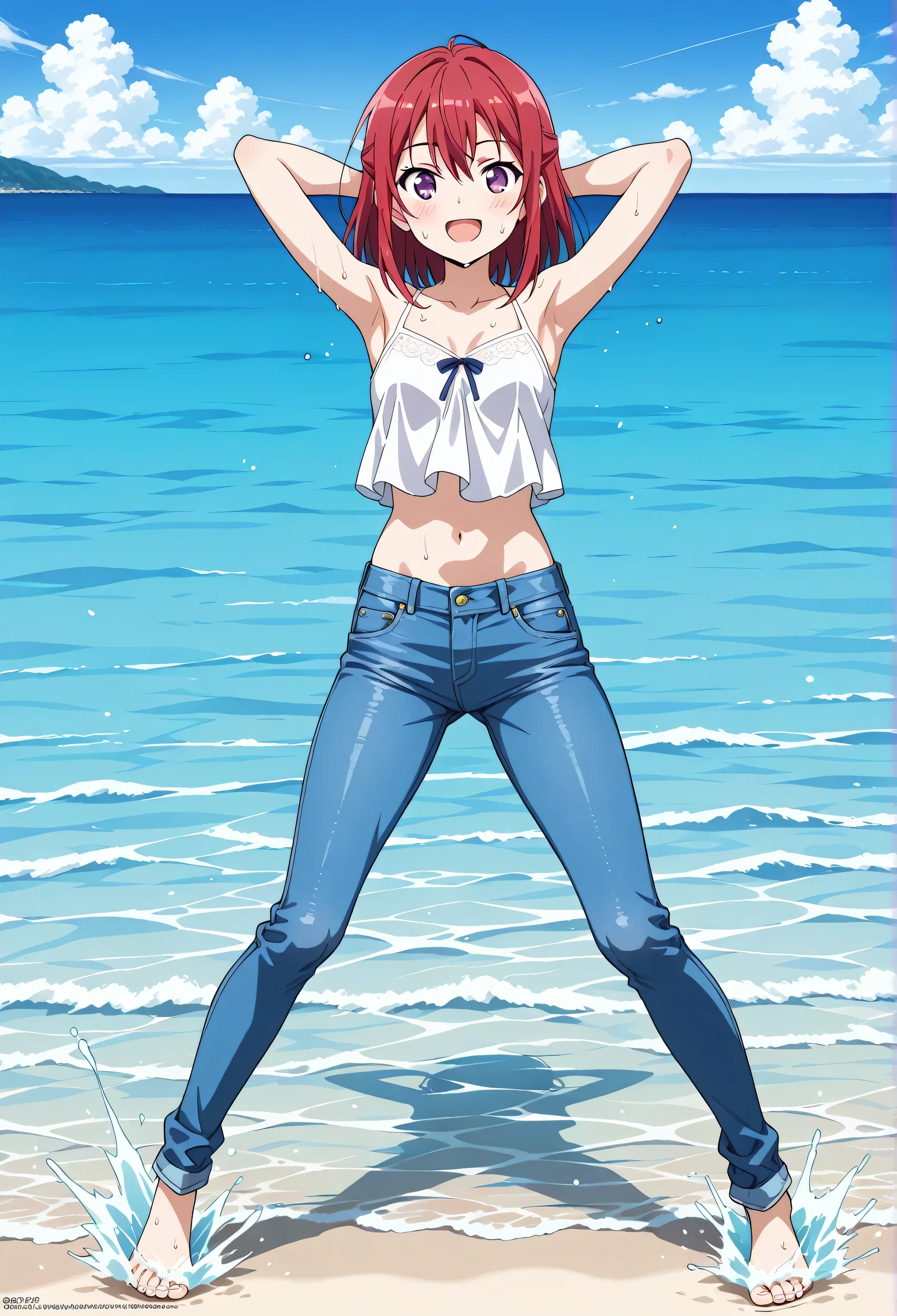 score_9, score_8_up, score_7_up, source_anime, highres, hi res, best quality, top quality, masterpiece, 2d, intricate details, official style, anime, 4k, anime style, 1 girl, Alone, solo, ((ocean)), tsunami, on the water, day, outdoors, sky, windy, kanzakitomoyo, medium hair, red hair, purple eyes, small , white camisole top, crop top, white crop top, best quality, ((blue jeans:1.9)), (dark blue jeans:0.6), full medium body, medium shot, Open mouth, smiling, happy face, blush, sweat, standing, arms behind head, bowlegged, jumping pose, action, looking at viewer, , Bend knees slightly, straight-on front view