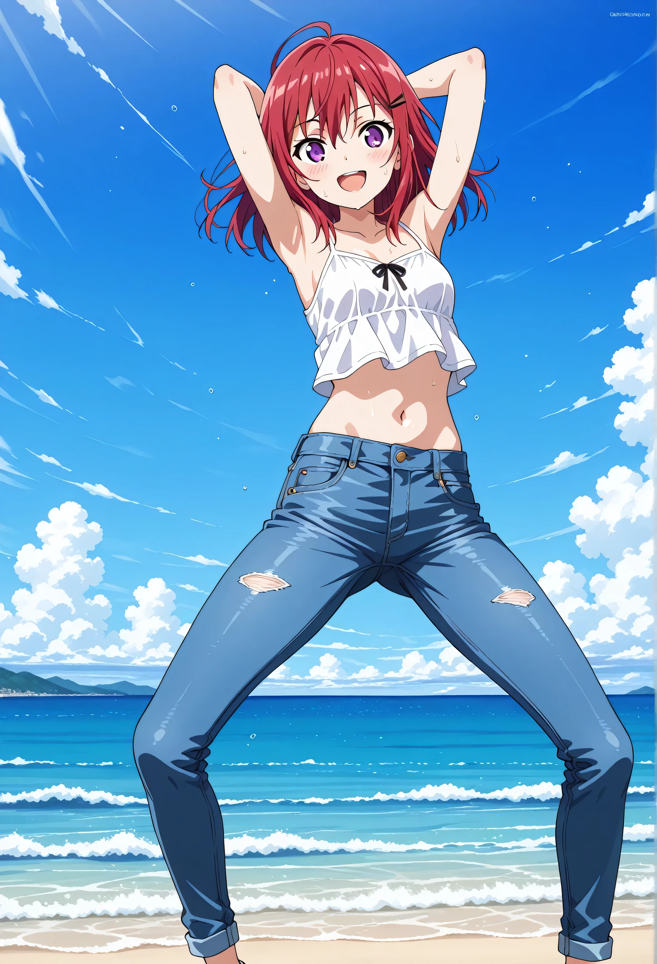 score_9, score_8_up, score_7_up, source_anime, highres, hi res, best quality, top quality, masterpiece, 2d, intricate details, official style, anime, 4k, anime style, 1 girl, Alone, solo, ((ocean)), tsunami, on the water, day, outdoors, sky, windy, kanzakitomoyo, medium hair, red hair, purple eyes, small , white camisole top, crop top, white crop top, best quality, ((blue jeans:1.9)), (dark blue jeans:0.6), full medium body, medium shot, Open mouth, smiling, happy face, blush, sweat, standing, arms behind head, bowlegged, jumping pose, action, looking at viewer, , Bend knees slightly, straight-on front view