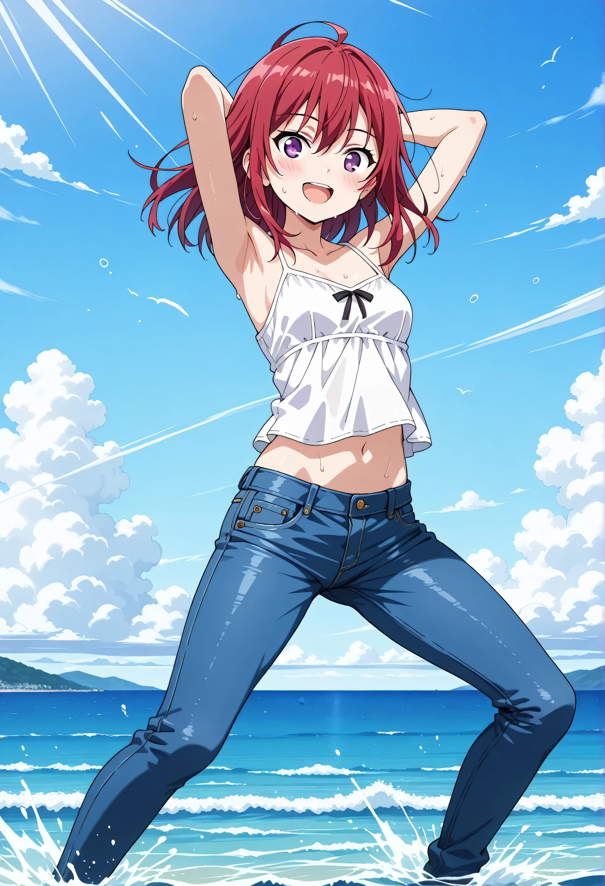 score_9, score_8_up, score_7_up, source_anime, highres, hi res, best quality, top quality, masterpiece, 2d, intricate details, official style, anime, 4k, anime style, 1 girl, Alone, solo, ((ocean)), tsunami, on the water, day, outdoors, sky, windy, kanzakitomoyo, medium hair, red hair, purple eyes, small , white camisole top, crop top, white crop top, best quality, ((blue jeans:1.9)), (dark blue jeans:0.6), full medium body, medium shot, Open mouth, smiling, happy face, blush, sweat, standing, arms behind head, bowlegged, jumping pose, action, looking at viewer, , Bend knees slightly, straight-on front view
