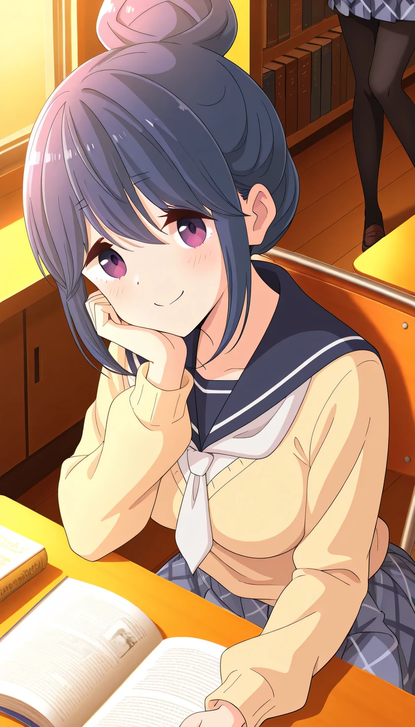 {{{masterpiece}}}, (best quality:1.2), (ultra-detailed:1.2), {illustration}, {{an extremely delicate and beautiful}}, (beautiful detailed eyes:1.3), absurdres, highres, extremely detailed face, 16k, hd, visual anime de uma jovem mulher, extremamente bonito rosto de anime, anime melhor garota, (perfect hands, perfect anatomy), anime face, shimarin (Yuru Camp), shimarin, 1girl, solo, cute face, blue hair, single hair bun, bangs, round face, (narrowed_eyes:0.9), purple eyes, sidelocks, short of a person, medium breasts, big hips, curvaceous, BREAK, {motosu school uniform}, yellow sweater, tuck out, long sleeve, sailor collar, white neckerchief, (blue skirt:1.3), mini pleated skirt, ((diagonal plaid skirt:1.2)white line:1.2), (black pantyhose:1.2), BREAK, cute face, smiling, looking at viewer, sitting chair, books on the desk, reading book, indoor, evening, school, library, upper body, from above