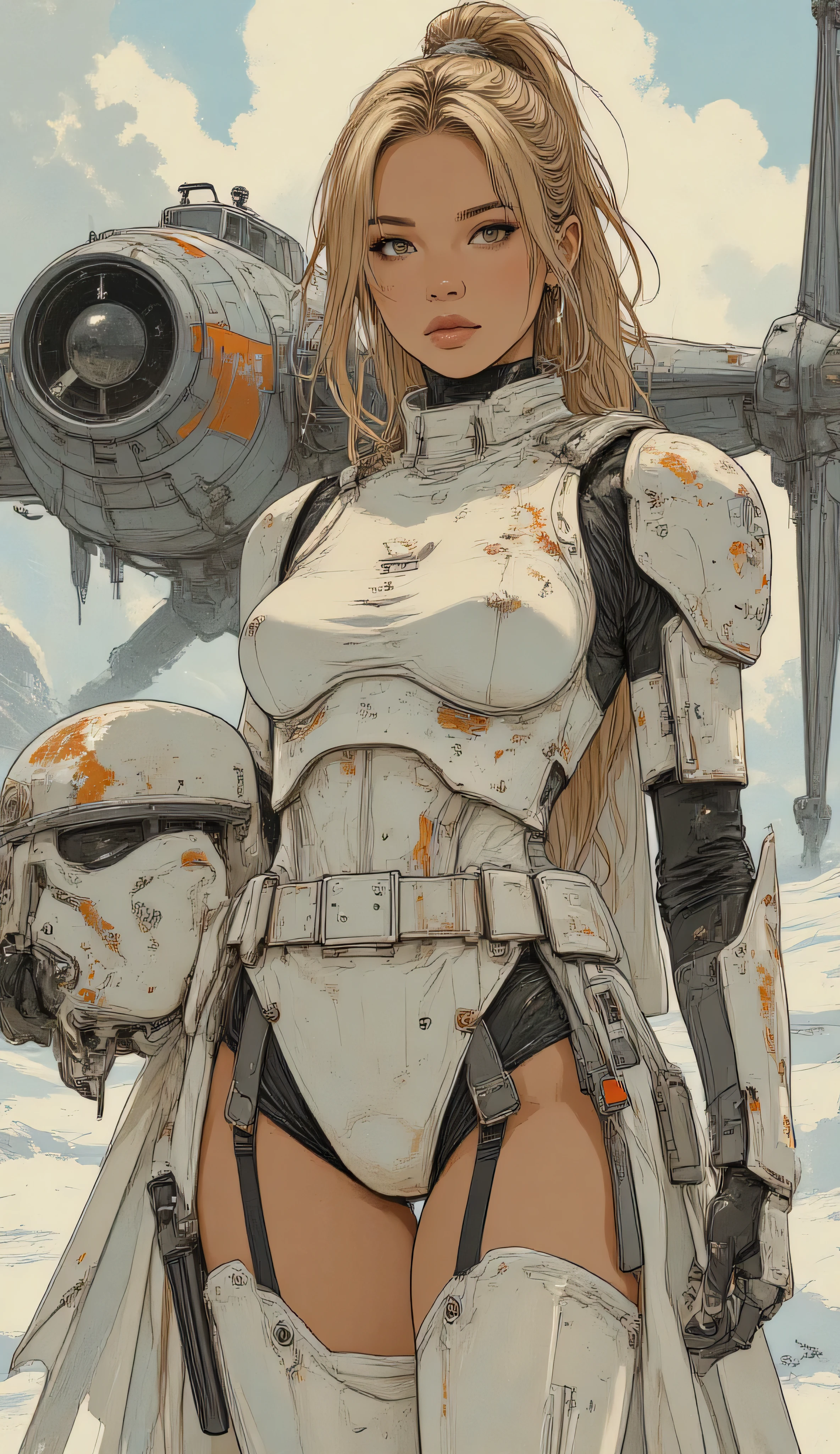 
 Comic sex art. Score_9, score_8_up, score_7_up, ((highest quality)), ((masterpiece)), (be familiar with), Perfect Face, (High definition), (Best Shadow), 8k, cinematic, (Realistic:1.4),dramatic. "rough style",Inspired by LuisRoyo, a beautiful 40th woman, wears the Snowtrooper armor with helmet in hand, blonde  ponytail, thriving physique, seductive, tanned skin. Full body view. Front view. Standing in front of a Star Wars's tie fighter  (Close-up)