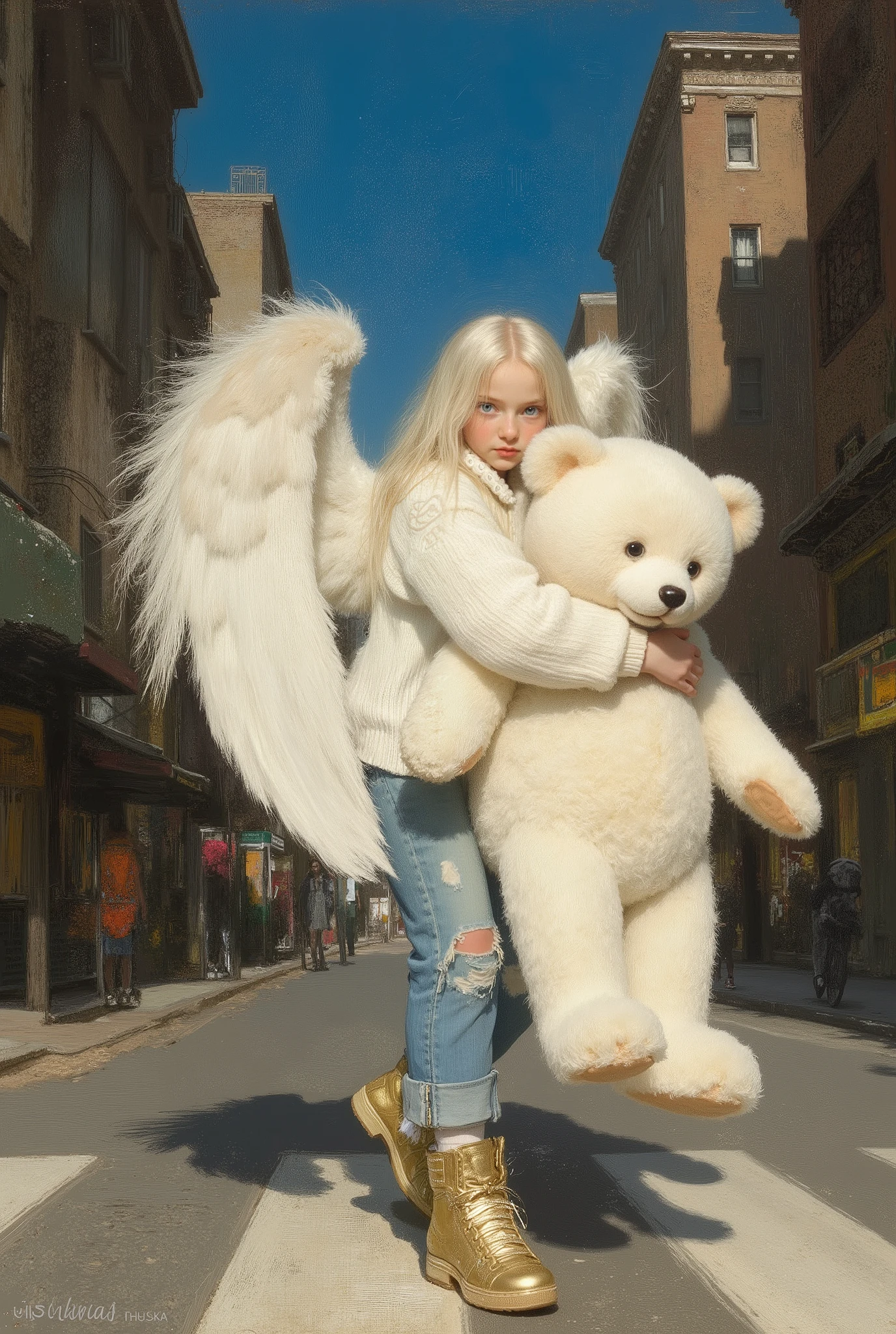 A whimsical soft digital painting, masterpiece, high quality, Oil Painting, Hyper-realistic, Low-angle urban portrait of a stylish tween angel with long white hair in the middle of a city street. She is wearing metalic gold high-top sneakers adidas, ripped jeans, a white Nordic sweater, and is hugging a huge white Teddy Bear that is bigger then she is. Her large white feathery wings are extended from her back. Her deep blue eyes are looking at the viewer. She is framed by towering apartment buildings under a blue sky. Distorted perspective, fisheye lens look, streetwear editorial vibe with Y2K, The atmosphere crackles with tension and pride, a visual symphony of rebellion, unity, and raw street charisma. Style: gritty realism with dramatic contrast and urban textures. Mood: intense, defiant, and cool. Shadow and light, Masterpiece, intricate lines, intriguing atmosphere, sharp magnificent details, oil painting, delicate features, elaborate details, (2\3 rule composition:0.5), ultra detailed, romantic, Rembrandt lighting, brush stroke, lovely, del1cate_balance style, novuschroma, in the style of Rembrandt.