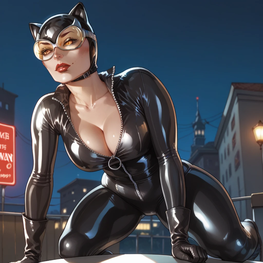 <lora:Catwoman_-_batman_animated_pony_v1:1>, <lora:PONYXL_LewisArt_ownwaifu:0.4>, c4tw0m4n, 1girl, mature woman, grey bodysuit, grey mask, green eyes, red lips, large breasts, gold belt, black elbow gloves, black boots, running, rooftops, dutch angle, sexy pose, outdoors, cityscape, gotham city, night, score_9, score_8_up, score_7_up, score_6_up, score_5_up, score_4_up,
