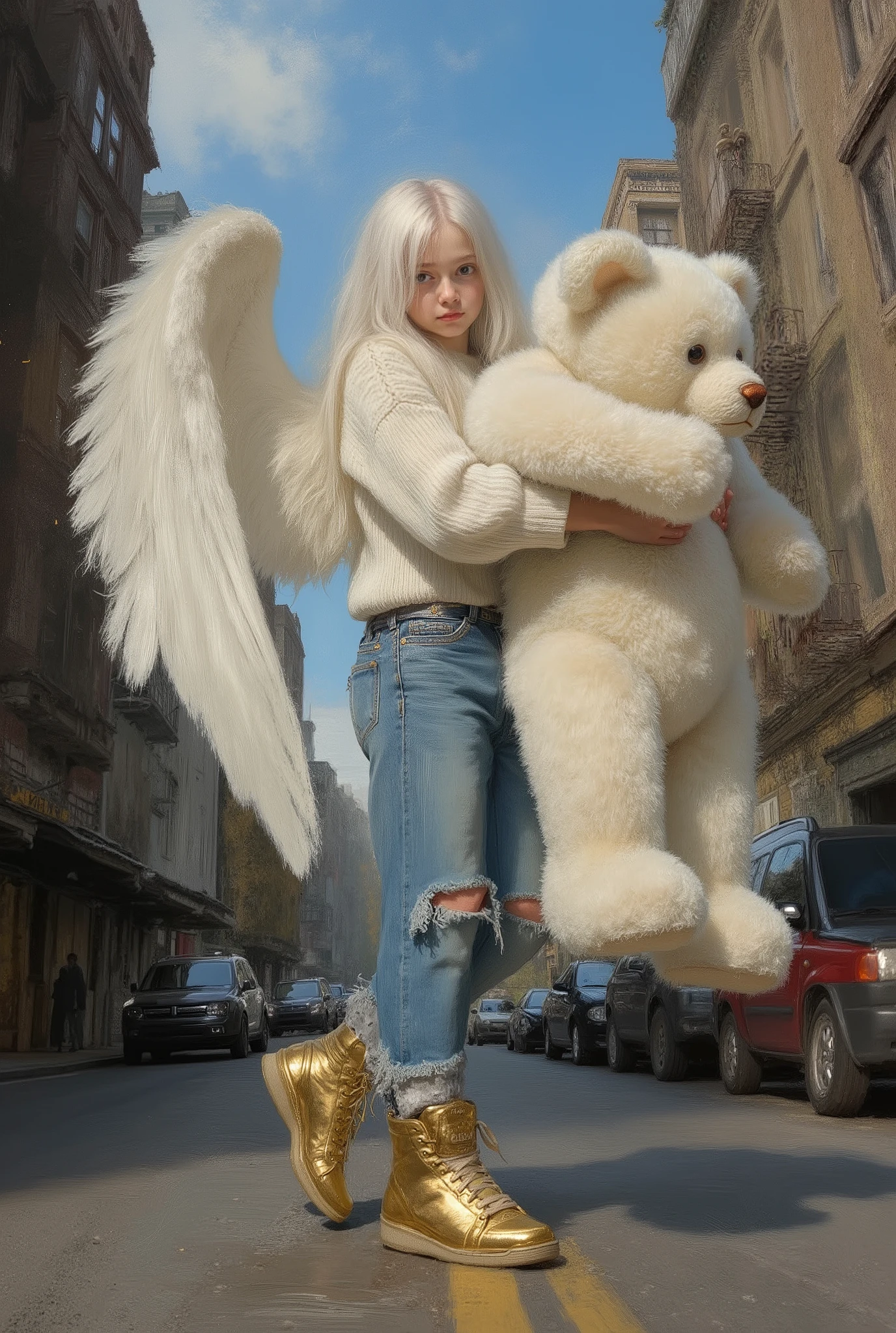 A whimsical soft digital painting, masterpiece, high quality, Oil Painting, Hyper-realistic, Low-angle urban portrait of a stylish tween angel with long white hair in the middle of a city street. She is wearing metalic gold high-top sneakers adidas, ripped jeans, a white Nordic sweater, and is hugging a huge white Teddy Bear that is bigger then she is. Her large white feathery wings are extended from her back. Her deep blue eyes are looking at the viewer. She is framed by towering apartment buildings under a blue sky. Distorted perspective, fisheye lens look, streetwear editorial vibe with Y2K, The atmosphere crackles with tension and pride, a visual symphony of rebellion, unity, and raw street charisma. Style: gritty realism with dramatic contrast and urban textures. Mood: intense, defiant, and cool. Shadow and light, Masterpiece, intricate lines, intriguing atmosphere, sharp magnificent details, oil painting, delicate features, elaborate details, (2\3 rule composition:0.5), ultra detailed, romantic, Rembrandt lighting, brush stroke, lovely, del1cate_balance style, novuschroma, in the style of Rembrandt.