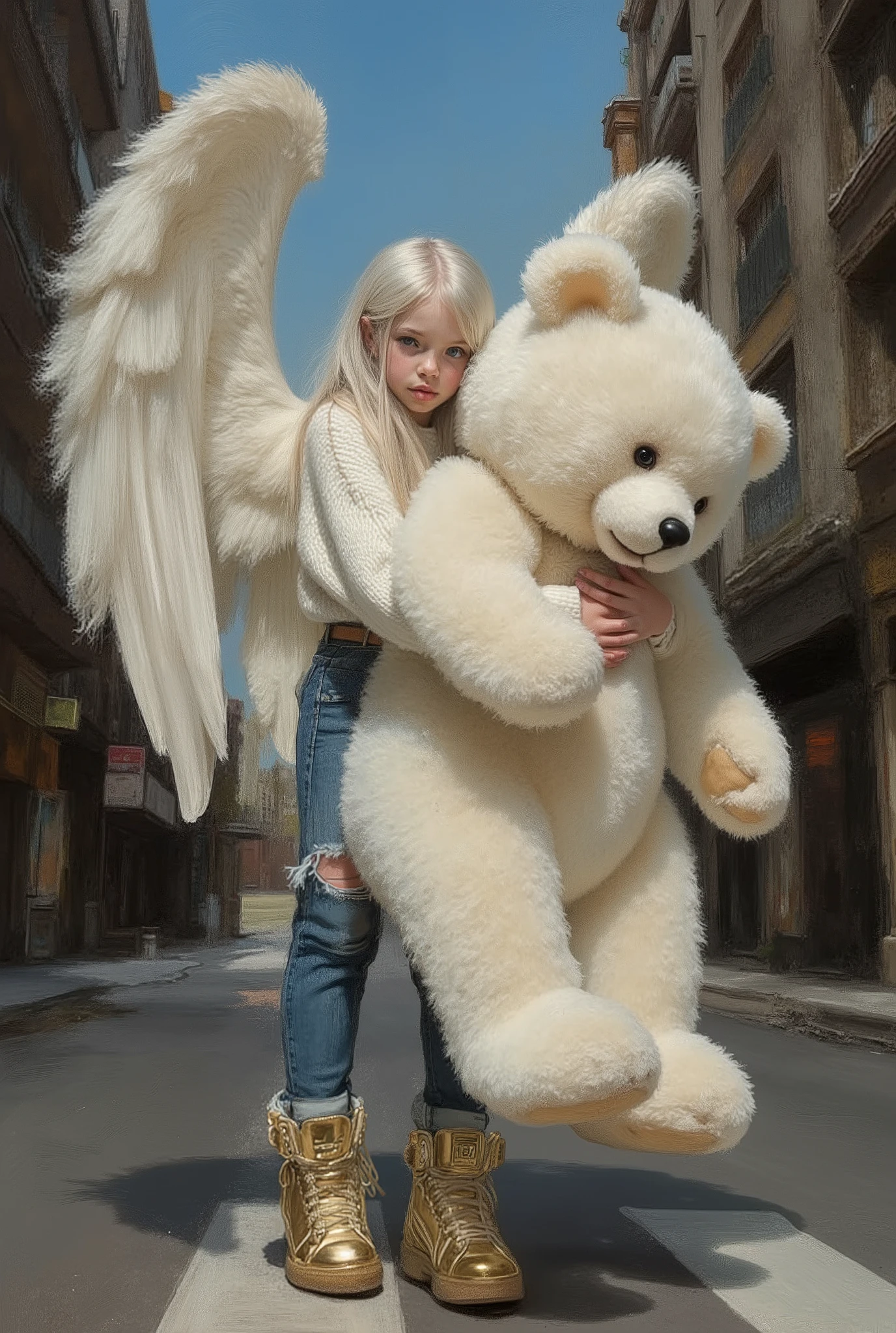 A whimsical soft digital painting, masterpiece, high quality, Oil Painting, Hyper-realistic, Low-angle urban portrait of a stylish tween angel with long white hair in the middle of a city street. She is wearing metalic gold high-top sneakers adidas, ripped jeans, a white Nordic sweater, and is hugging a huge white Teddy Bear that is bigger then she is. Her large white feathery wings are extended from her back. Her deep blue eyes are looking at the viewer. She is framed by towering apartment buildings under a blue sky. Distorted perspective, fisheye lens look, streetwear editorial vibe with Y2K, The atmosphere crackles with tension and pride, a visual symphony of rebellion, unity, and raw street charisma. Style: gritty realism with dramatic contrast and urban textures. Mood: intense, defiant, and cool. Shadow and light, Masterpiece, intricate lines, intriguing atmosphere, sharp magnificent details, oil painting, delicate features, elaborate details, (2\3 rule composition:0.5), ultra detailed, romantic, Rembrandt lighting, brush stroke, lovely, del1cate_balance style, novuschroma, in the style of Rembrandt.
