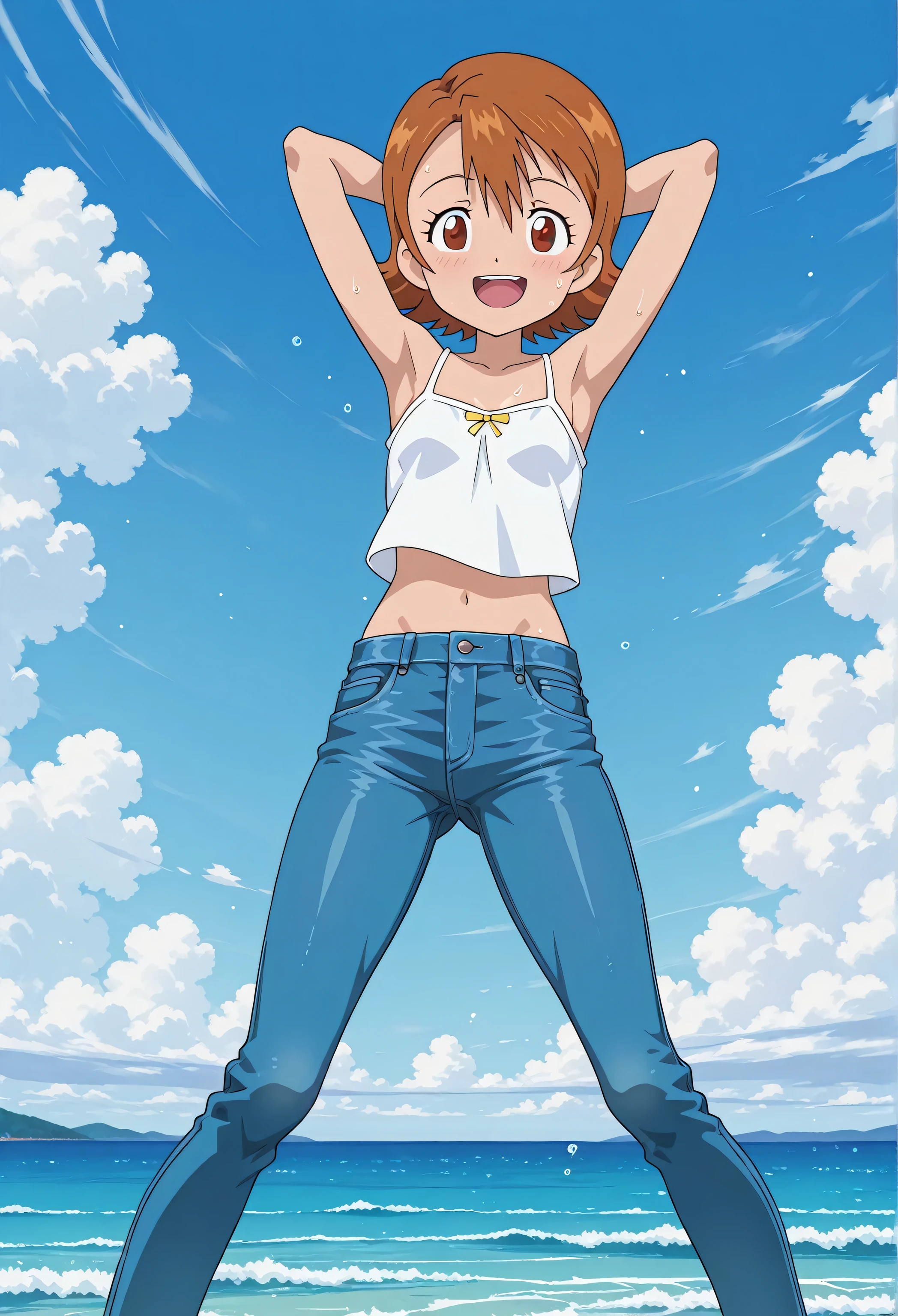 score_9, score_8_up, score_7_up, source_anime, highres, hi res, best quality, top quality, masterpiece, 2d, intricate details, official style, anime, 4k, anime style, 1 girl, Alone, solo, ((ocean)), tsunami, on the water, day, outdoors, sky, windy, sora takenouchi, digimon short hair, brown eyes, small breasts, white camisole top, crop top, white crop top, best quality, ((blue jeans:1.9)), (dark blue jeans:0.6), full medium body, medium shot, Open mouth, smiling, happy face, blush, sweat, standing, arms behind head, bowlegged, sliding pose, action, looking at viewer, spread legs, Bend knees slightly, straight-on front view