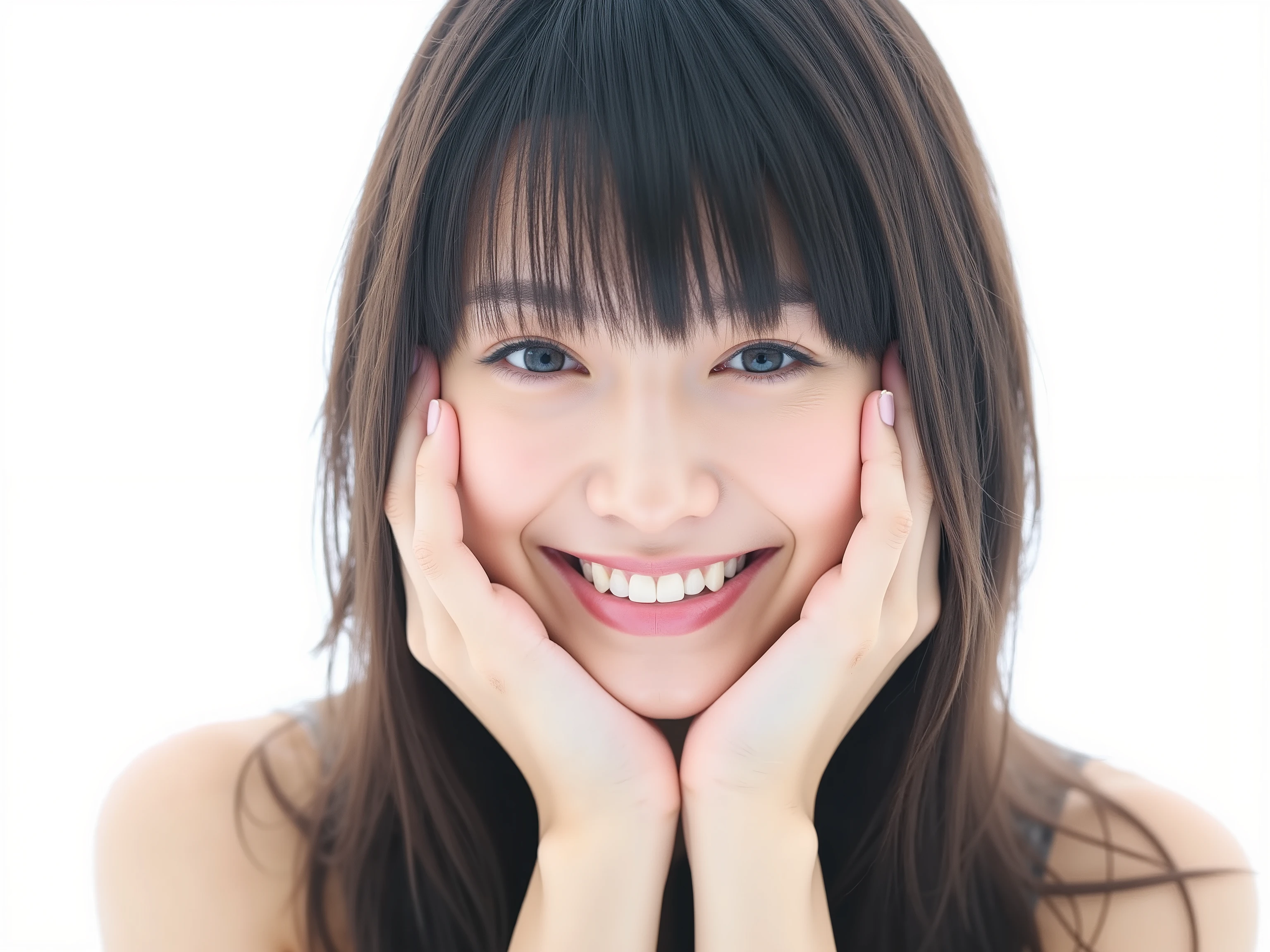 (Refined from an old photo, recreated in a modern, ultra high-quality photorealistic style, with a trendy Reiwa-era hairstyle: soft semi-long hair with natural waves and airy see-through bangs),
Ultra photorealistic close-up portrait of a beautiful Japanese woman,
upper-body shot, wearing a black outfit (completely out of frame, not visible),
shoulders and collarbone softly exposed,
both hands pressing her cheeks in a shy, lovestruck pose,
sparkling eyes gazing dreamily at the viewer with overwhelming affection,
cheeks blushing deeply with a sweet reddish glow,
soft glossy lips curved into a bright, full, lovestruck smile,
expression melting with love, playful, dreamy, adorably bashful,
purely cute and lovestruck, overflowing with affection and warmth,
realistic skin with detailed pores, subtle freckles, natural uneven tones,
tiny imperfections for realism, soft peach fuzz visible,
hair rendered with individual strands, slightly messy flow, natural matte shine,
soft diffused cinematic lighting, natural depth,
background pure white with gentle blur,
(masterpiece, best quality, high resolution, intimate romantic close-up, cinematic magazine cover style)