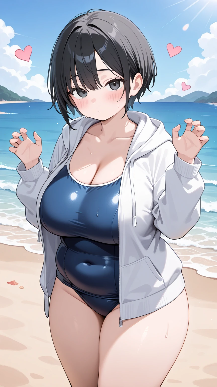 Anime illustration、highest quality、A short and plump high school girl、Belly button piercing、Penguin Girl、Penguin print tights、Perfect proportions、Aquarium、iceberg、Clear skies、overwhelmingly big breasts、Beautiful, shining eyes、Cowboy Shot、smile、Excessive sweating、Noise Reduction、detailed hand