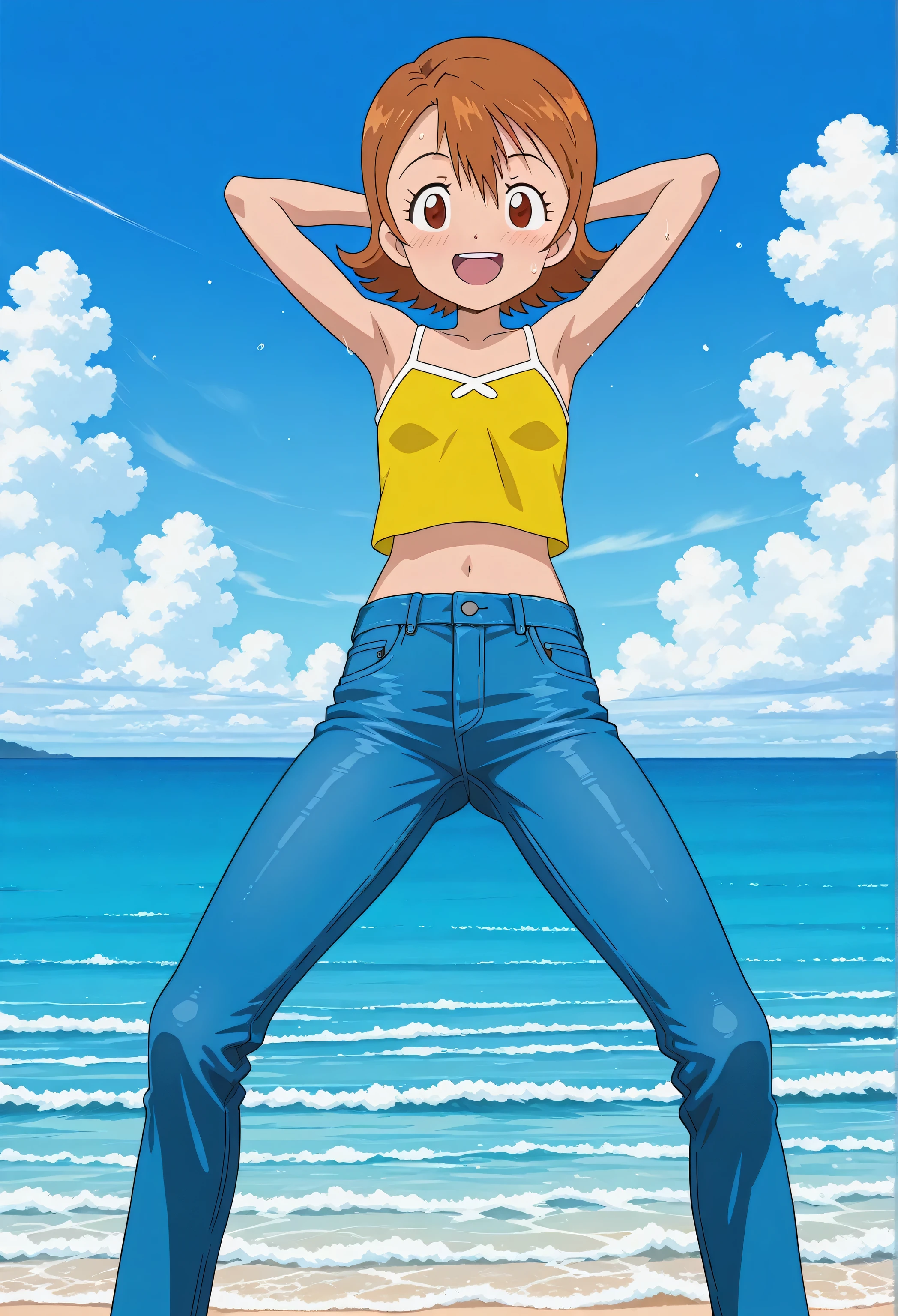 score_9, score_8_up, score_7_up, source_anime, highres, hi res, best quality, top quality, masterpiece, 2d, intricate details, official style, anime, 4k, anime style, 1 girl, Alone, solo, ((ocean)), tsunami, on the water, day, outdoors, sky, windy, sora takenouchi, digimon short hair, brown eyes, small breasts, yellow camisole top, crop top, yellow crop top, best quality, ((blue jeans:1.9)), (dark blue jeans:0.6), full medium body, medium shot, Open mouth, smiling, happy face, blush, sweat, standing, arms behind head, bowlegged, sliding pose, action, looking at viewer, spread legs, Bend knees slightly, straight-on front view
