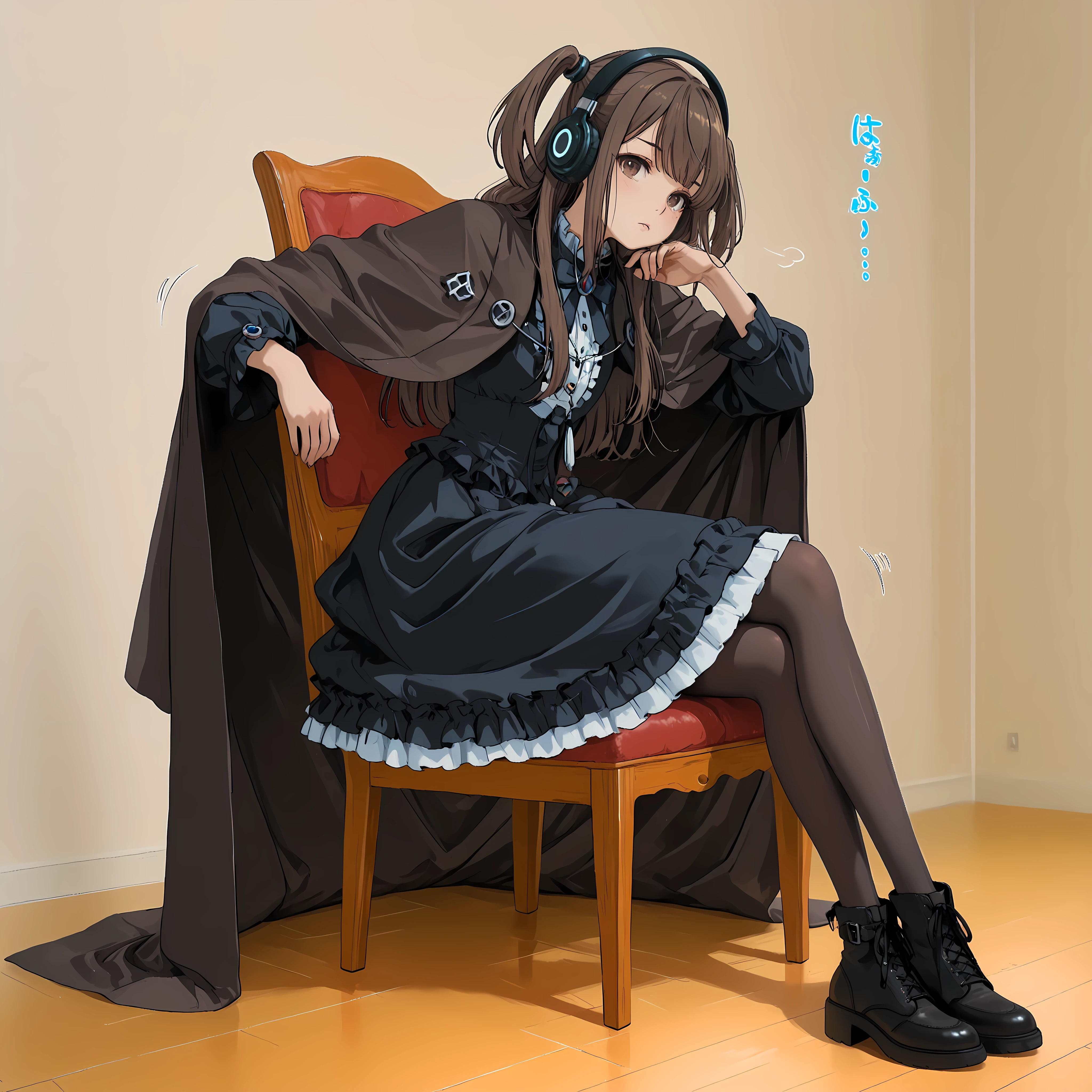 best quality, amazing quality,masterpiece,absurdres,ultra detailed,full body,Cool Pose, High Quality, High Resolution ,High Definition,sound effects,pantyhose, dress, jewelry, cape, frills,1 girl,Kizuna Kazayama, brown hair, two side up, brown eyes, long hair,,Wear headphones, sit on a chair