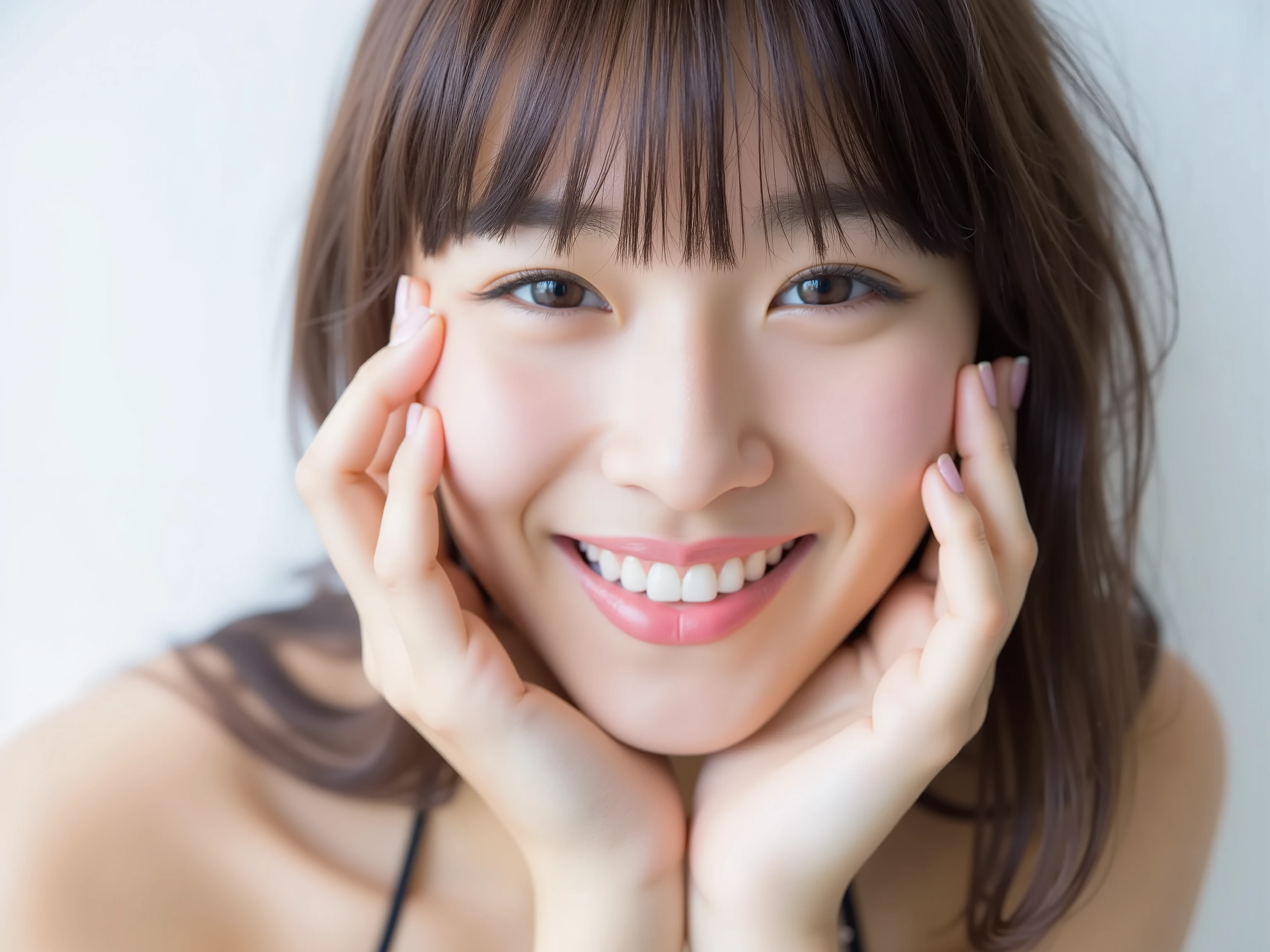 (Refined from an old photo, recreated in a modern, ultra high-quality photorealistic style, with a trendy Reiwa-era hairstyle: soft semi-long hair with natural waves and airy see-through bangs), 
Ultra photorealistic close-up portrait of a beautiful Japanese woman, 
upper-body shot, wearing a black outfit (completely out of frame, not visible), 
shoulders and collarbone softly exposed, 
both hands pressing her cheeks in a shy, lovestruck pose, 
sparkling eyes gazing dreamily at the viewer with overwhelming affection, 
cheeks blushing deeply with a sweet reddish glow, 
soft glossy lips curved into a bright, full, lovestruck smile, 
expression melting with love, playful, dreamy, adorably bashful, 
purely cute and lovestruck, overflowing with affection and warmth, 
realistic skin with detailed pores, subtle freckles, natural uneven tones, 
tiny imperfections for realism, soft peach fuzz visible, 
hair rendered with individual strands, slightly messy flow, natural matte shine, 
soft diffused cinematic lighting, natural depth, 
background pure white with gentle blur, 
(masterpiece, best quality, high resolution, intimate romantic close-up, cinematic magazine cover style)