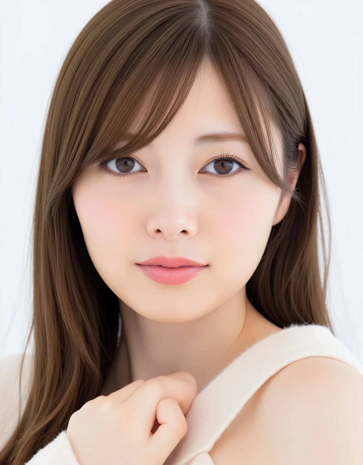 raw photo, reality, ((Staring)), ((Focus on the face)), ((close-up)), front view, Japanese Woman, Smile Yan, ((long hair, dark brown hair color, straight hair)), off shoulder, unedited, live-action, Authentic,  cute young girls , Beautifully Reflective Eyes, beautifully detailed lips, extremely delicate eyes and face, long eyelashes, かすかなSmile Yan,  Simple white background , Natural Light