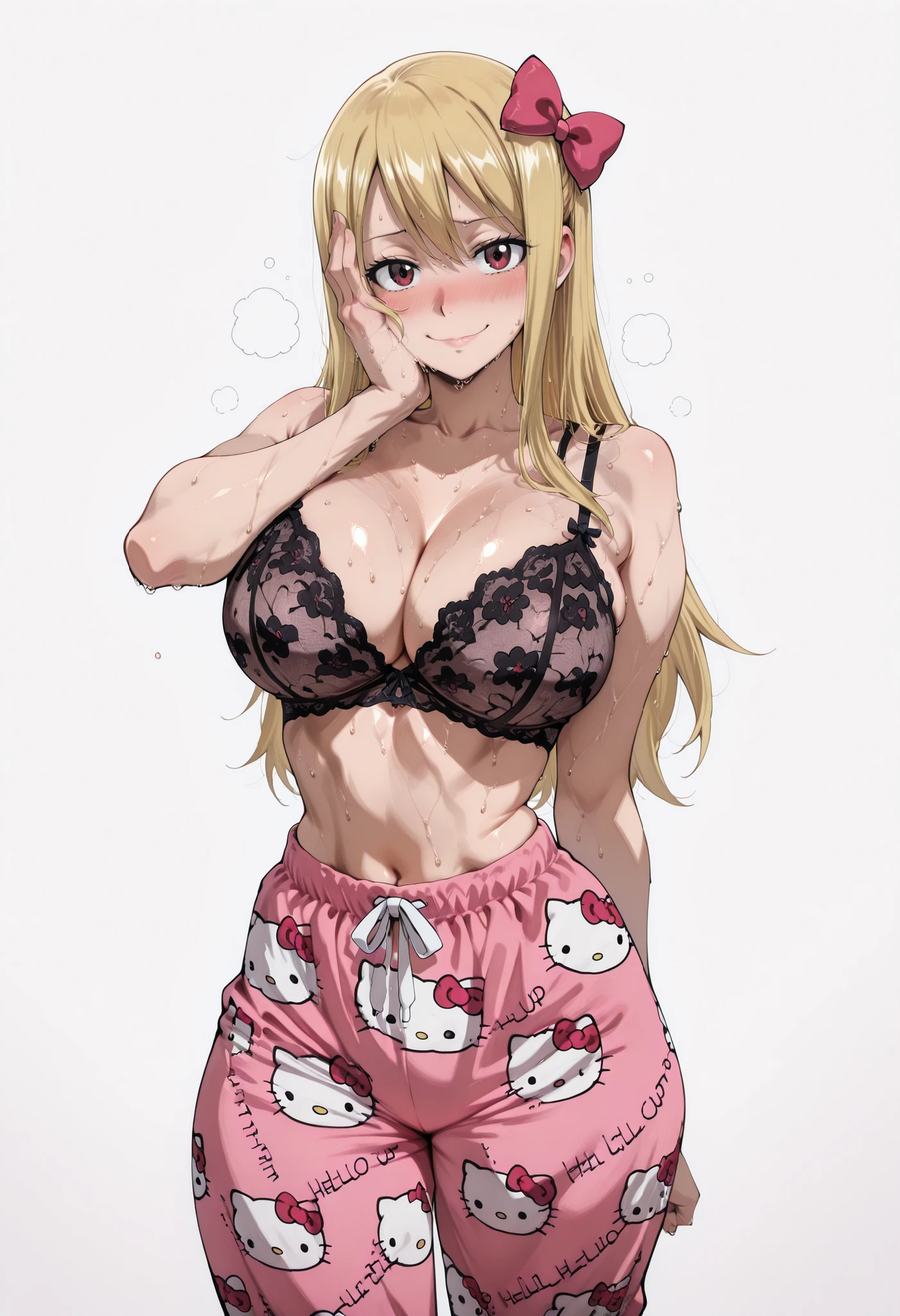 score_9, score_8_up, score_7_up, source_anime,  lucy heartfilia, long hair, blonde hair, large breasts, brown eyes,,, hair ribbon,, blush, drunk,, , looking at viewer,, , solo,, large breasts, big ass, thick thigs, wide hips, slim waist, mature body, sweat, sweaty, sweaty:1.3, nose blush,, looking at viewer, nice legs, legs, standing, solo, female, shiny skin, shiny hair, shiny body, clear body,,, cowboy shot ,,,, ,,,, , looking at viewer, NOSE BLUSH, sweat, sweaty,wide hips, slim waist, sweat:1.3, CLEAVAGE, shiny skin, shiny hair, shiny body, clear body, , solo, STANDING, POSING, thick thighs, thighs, solo, standing, POSING,, perfect eyes,  white background, empty background, distinc shadows,  solo, large breasts, thick thigh, dynamic pose, navel ,midriff,,, LOOKING AT VIEWER, WHITE BACKGROUND, EMPTY BACKGROUND, soft smile,, DYNAMIC POSE, sheer black lace lingerie bra, hello kitty pajama pants,pink/pants,hello kitty pajama pants, pink/pants,, hello kitty pajama pants,pink/pants,hello kitty pajama pants, pink/pants,, hello kitty pajama pants,pink/pants,hello kitty pajama pants, pink/pants, big ass, one hand behind on her, one hand on face, view from side