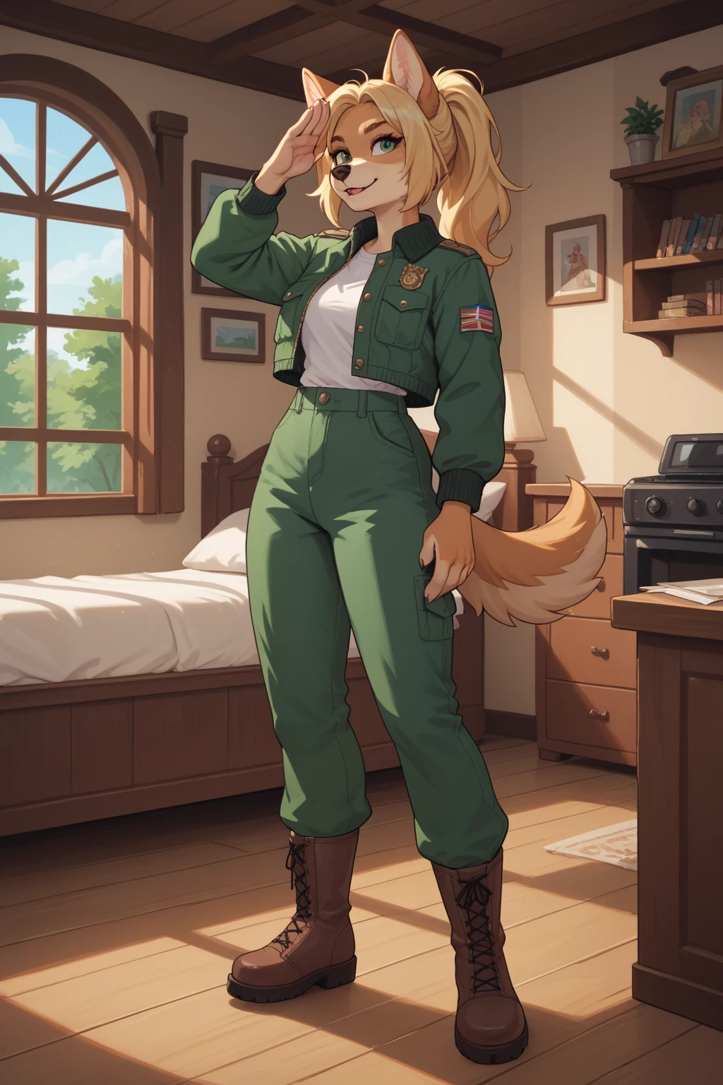 (Best quality,4K,8 k,A high resolution,masterpiece:1.2),ultra detailed,realistic:1.37,portrait,anthro bandicoot girl red, Braided hair, beautiful green eyes,   ,, warm sweater, camouflage pants,  grinning,  , Anthro Girl , sweater, camouflage pants, 