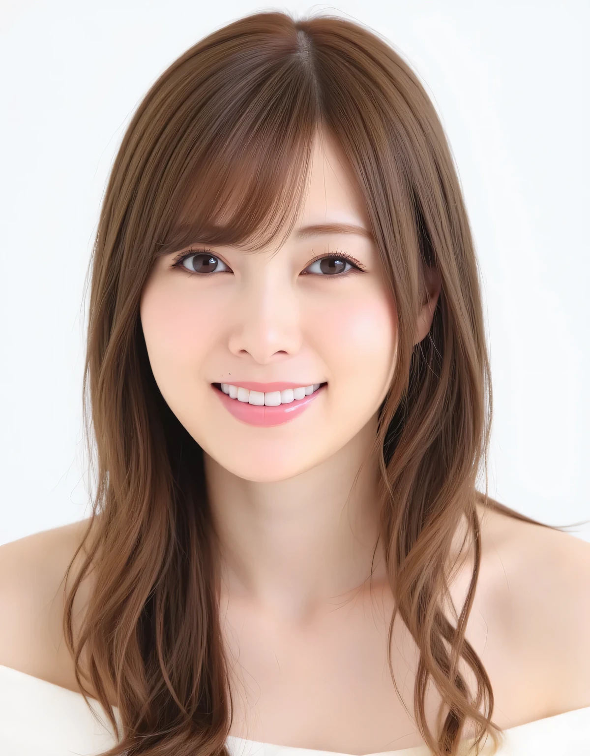 raw photo, reality, ((Staring)), ((Focus on the face)), ((close-up)), front view, Japanese Woman, Smile Yan, ((long hair, dark brown hair color, straight hair)), off shoulder, unedited, live-action, Authentic, cute young girls , Beautifully Reflective Eyes, beautifully detailed lips, extremely delicate eyes and face, long eyelashes, かすかなSmile Yan, Simple white background , Natural Light