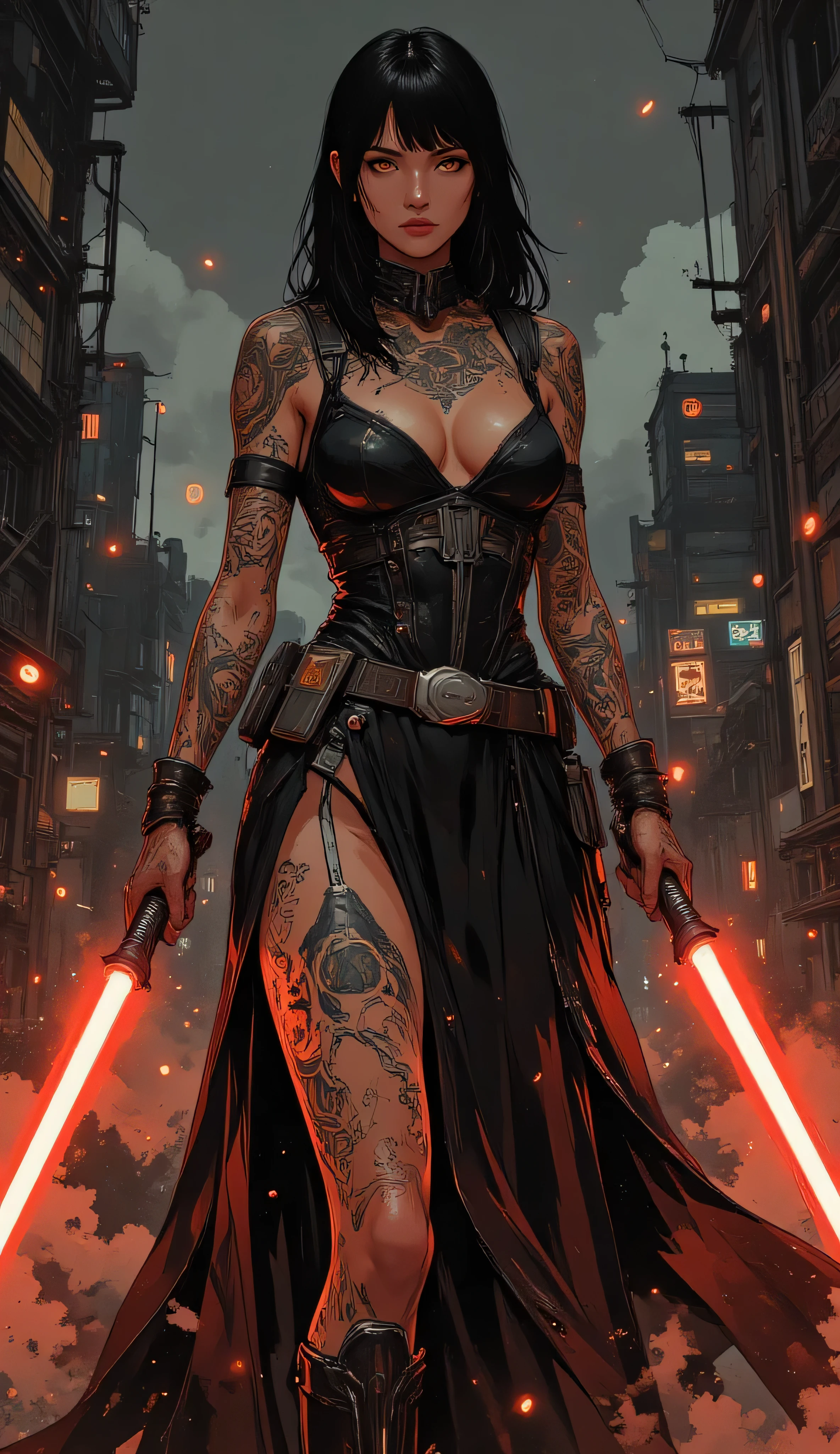 
 Comic sex art. Score_9, score_8_up, score_7_up, ((highest quality)), ((masterpiece)), (be familiar with), Perfect Face, (High definition), (Best Shadow), 8k, cinematic, (Realistic:1.4),dramatic. "rough style",Asajj Ventress is a fascinating and complex character from Star Wars ,  with a distinctive and memorable appearance :
 *  Height and build :  Of medium height ,  but with an agile and sexy physique , large breasts,  years of intense training in the martial arts .
 *  Almost black : Of a whitish pallor ,  revealing tunics and pants that contrasts with her glabrous and tattooed head, yellow eyes,  bright and penetrating .
 * Everything:  His face is elongated ,  with cheekbones and high a Defined jaw .  The lips are thin and slightly curved upwards ,  conferring them a perpetually ironic or dismissive expression .
 * tattoos:  Her body is adorned with numerous intricate tattoos ,  inspired by Dathomirian ,  that cover most of his arms ,  of his shoulders and torso .  These tattoos have a deep meaning for her ,  linked to his culture and his connection with the Dark Force .
 *  Clothing :  Her clothing is typically dark and functional ,  consisting of tight and revealing sexy tunics open on the breast, that highlight her athletic and mischievous figure .  She often wears high boots and gloves ,  fruit as well as a belt that supports her two lightsabers .
Additional details:
 * Scars :  Because of her adventurous life and the numerous battles fought ,  Asajj has several scars on the body ,  which emphasize her fierce and combative nature .
 * posture:  The her posture is always erect and self-confident ,  transmitting a sense of strength and determination .
 * make-up:  His makeup is minimal ,  limited to a light dark eyeshadow and a dark lipstick ,  that accentuate her erotic and mysterious beauty 
She is holding two red lightsaber in fight pose.