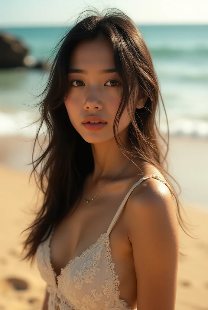 photo of black hair female, natural skin, realistic skin, beautiful refined oily skin, real skin texture, sharp face lines, skinny face, beautiful slim face, black long hair, beautiful dimples cheeks, slim beautiful japanese face, beautiful face, beautiful nose, masterpiece, high resolution, 21 years old, busty female, american mixed japanese ethnic female, On a pristine beach at sunset, in an airy, flowing maxi dress, the fabric echoing the gentle waves, the dress a soft whisper against the bold seascape, a portrait of tranquility and grace