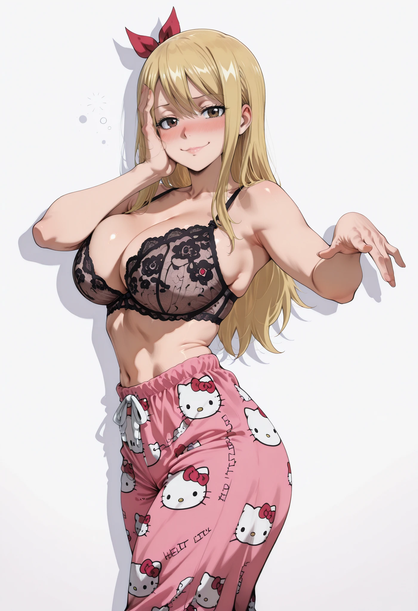 score_9, score_8_up, score_7_up, source_anime, lucy heartfilia, long hair, blonde hair, large breasts, brown eyes,,, blue hair ribbon,, blush, drunk,, , looking at viewer,, , solo,, large breasts, big ass, thick thigs, wide hips, slim waist, mature body, nose blush,, looking at viewer, nice legs, legs, standing, solo, female, shiny skin, shiny hair, shiny body, clear body,,, cowboy shot ,,,, ,,,, , looking at viewer, NOSE BLUSH,,wide hips, slim waist,, CLEAVAGE, shiny skin, shiny hair, shiny body, clear body, , solo, STANDING, POSING, thick thighs, thighs, solo, standing, POSING,, perfect eyes, white background, empty background, distinc shadows, solo, large breasts, thick thigh, dynamic pose, navel ,midriff,,, LOOKING AT VIEWER, WHITE BACKGROUND, EMPTY BACKGROUND, soft smile,, DYNAMIC POSE, sheer black lace lingerie bra, hello kitty pajama pants,pink/pants,hello kitty pajama pants, pink/pants,, hello kitty pajama pants,pink/pants,hello kitty pajama pants, pink/pants,, hello kitty pajama pants,pink/pants,hello kitty pajama pants, pink/pants, big ass, one hand behind on her, one hand on face, view from side, side pose, side looking, side view, BLUE HAIR RIBBON,