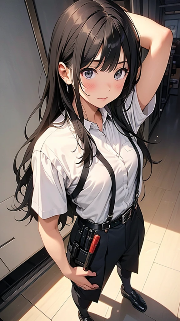 ​masterpiece、flat-colors、depth of fields、lens flare 1 girl、、Brown hair、watching at viewers　　　black suspenders　　　Bulging 　　　 　 Armpit sweat　perspiring　Side of both hands　　walls: 　Black 　garters　　　　　　Gaze　　　Small face　bangss 　flank　　　　holster　　Belt Armament　Beautuful Women　srestrained　Hands behind your back　On the bed　Sleep in a leg holster bed　Pants in the gap