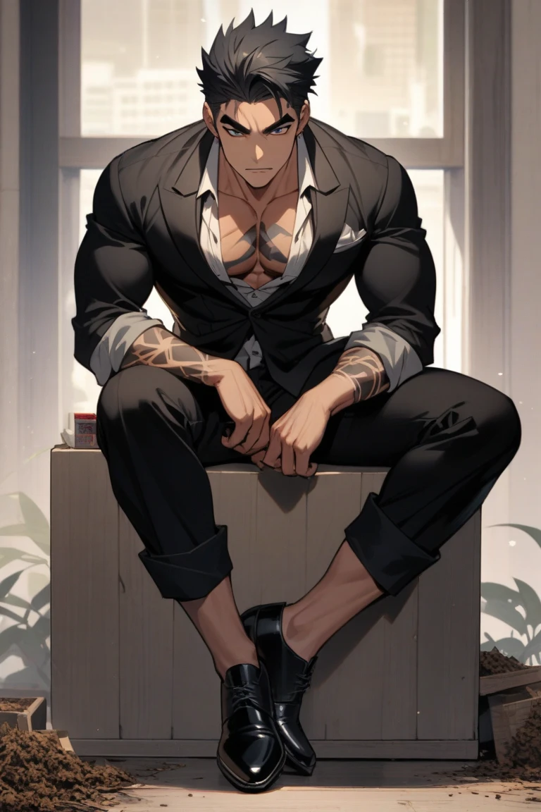 Reiner Braun from Attack on Titan is sitting and flexing his thighs  in black boxershorts