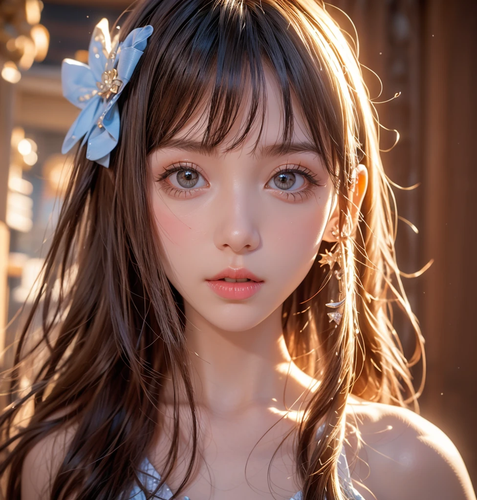 (A hyper-realistic)、(illutst)、(A high resolution)、(8K)、(richly detailed)、(Best Illustration)、(beautifully detailed eyes)、(beste-Qualit)、(ultra hyper-detailed)、(​masterpiece)、(wall-paper）、（detailed faces）、独奏、a 1 girl、fullllbody、(Burst ???????:1.5)、Complex summer clothes、cleavage of the ??????、Stage costumes、mini-skirts、frilld、Ren Hao、female idol、Eyes on the viewer、Detailed eyes and mouth、detailed faces、stage、lowkey、pureerosfaceace_v1、Happy smiling face、a blond、Clean bangs、Beautiful teeth alignment、Blushing cheeks、Watching from above、Looks Back、