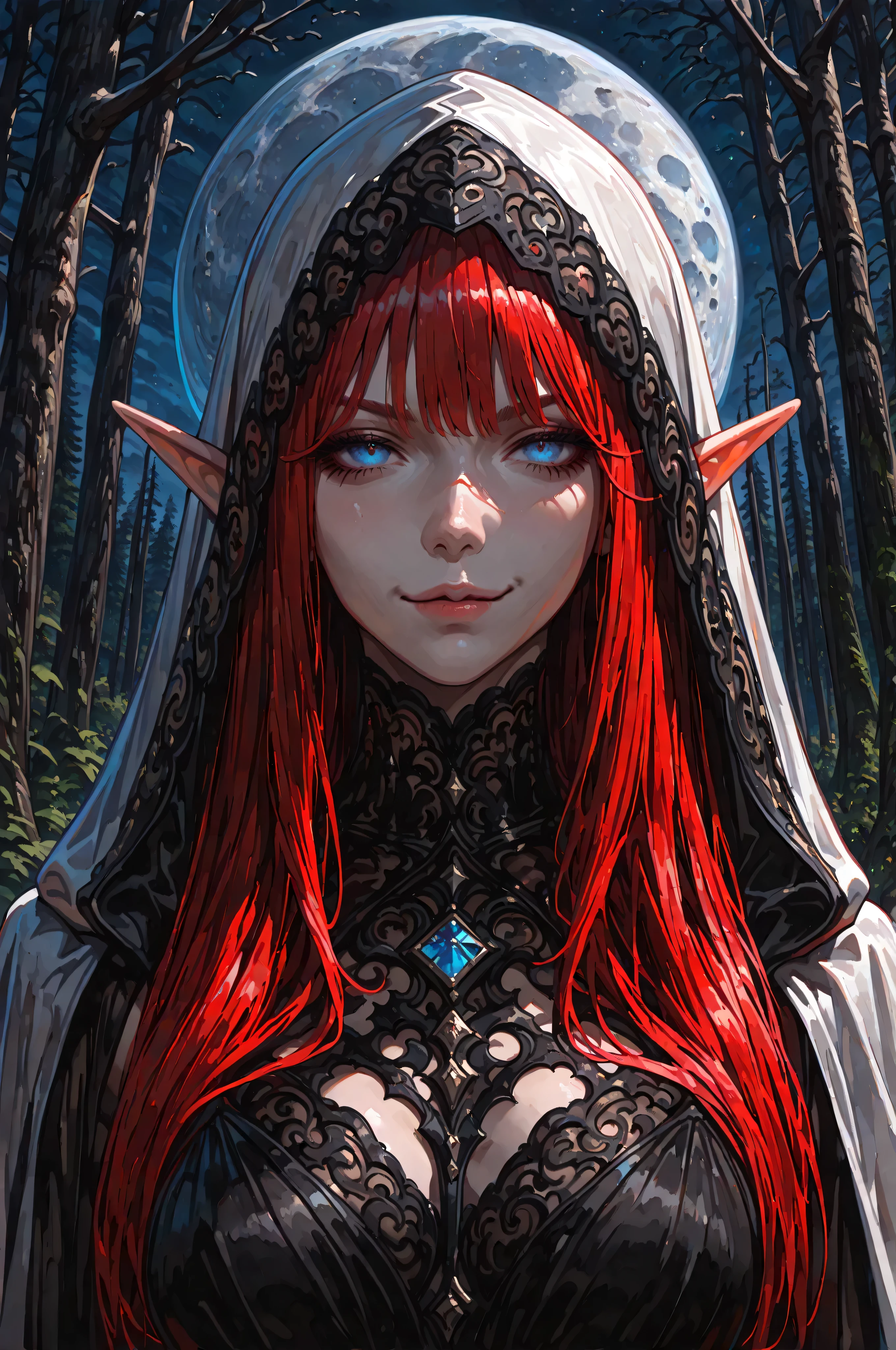 aidmaMJ6.1,femillustration,a portrait of a female elf vampire traveling on the forest road, an exquisite beautiful female elf (ultra details, Masterpiece, best quality), red hair, small pointed ears, pale skin, long hair, blue eyes, smirking, wearing dark black silk dress, intricate dress, dress (ultra details, Masterpiece, best quality), white cloak, in dark fantasy forest at night, dark trees, the moon is high in the sky, best anatomy, high details, best quality, 16k, [ultra detailed], masterpiece, best quality, (extremely detailed), close up, ultra wide shot, photorealistic, RAW, fantasy art, dnd art, fantasy art, realistic art,((best quality)), ((masterpiece)), (detailed), perfect face, RAW, dark fantasy art,  