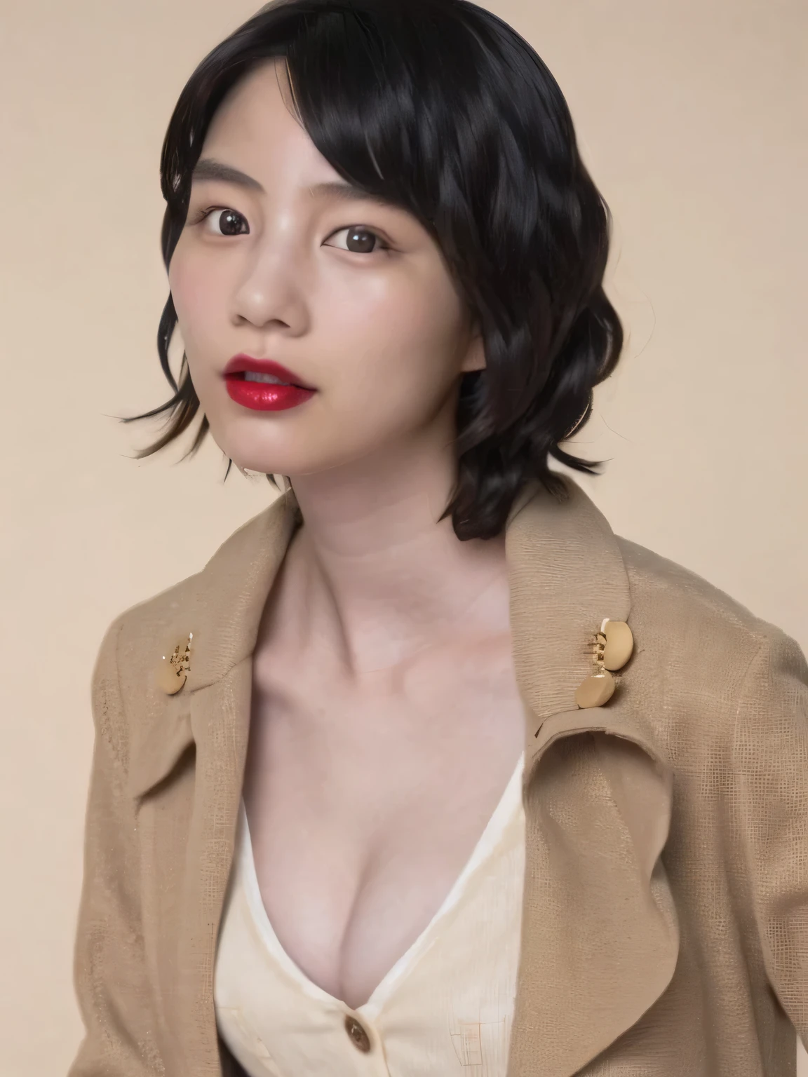 Wavy-haired beautiful 32-year-old woman wearing a beige long-sleeve button jacket, (((wearing beige long-sleeve button jacket))), wearing no shirt, (((red lips))), (((eyeliner))), (((makeup))), (((unbuttoned to show cleavage))), (cleavage:1.3), (((small breasts))), wavy hairs reaching the shoulders, (((curly hairs))), (curly hairs:1.3), facing the viewer, smile, neogeo, private press, inspired by Rena Nounen, Rena Nounen, Rena Nounen style, young glamourous idol, young pretty gravure idol, of a youthful japanese beauty, precisionism, neoclassicism, best quality, super detailed, masterpiece, 32K, (((Best Quality))), ((Ultra-detailed)), ((extremely delicate and beautiful))