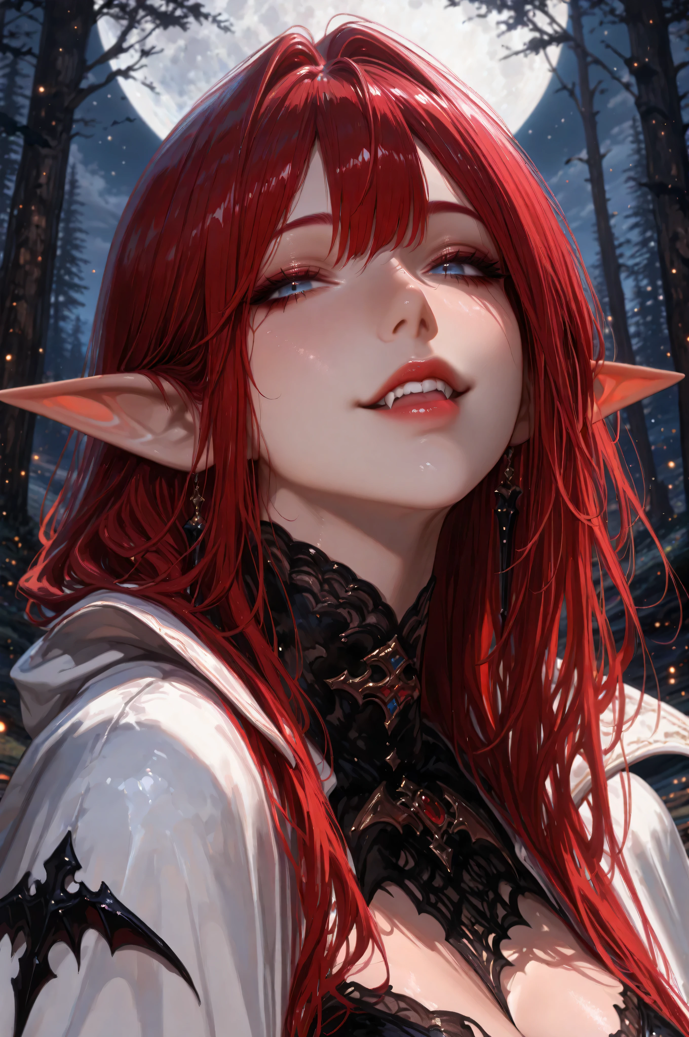 aidmaMJ6.1,femillustration,a portrait of a female elf vampire traveling on the forest road, an exquisite beautiful female elf (ultra details, Masterpiece, best quality), red hair, small pointed ears, pale skin, long hair, blue eyes, smirking, wearing dark black silk dress, intricate dress, dress (ultra details, Masterpiece, best quality), white cloak, in dark fantasy forest at night, dark trees, the moon is high in the sky, best anatomy, high details, best quality, 16k, [ultra detailed], masterpiece, best quality, (extremely detailed), close up, ultra wide shot, photorealistic, RAW, fantasy art, dnd art, fantasy art, realistic art,((best quality)), ((masterpiece)), (detailed), perfect face, RAW, dark fantasy art,  