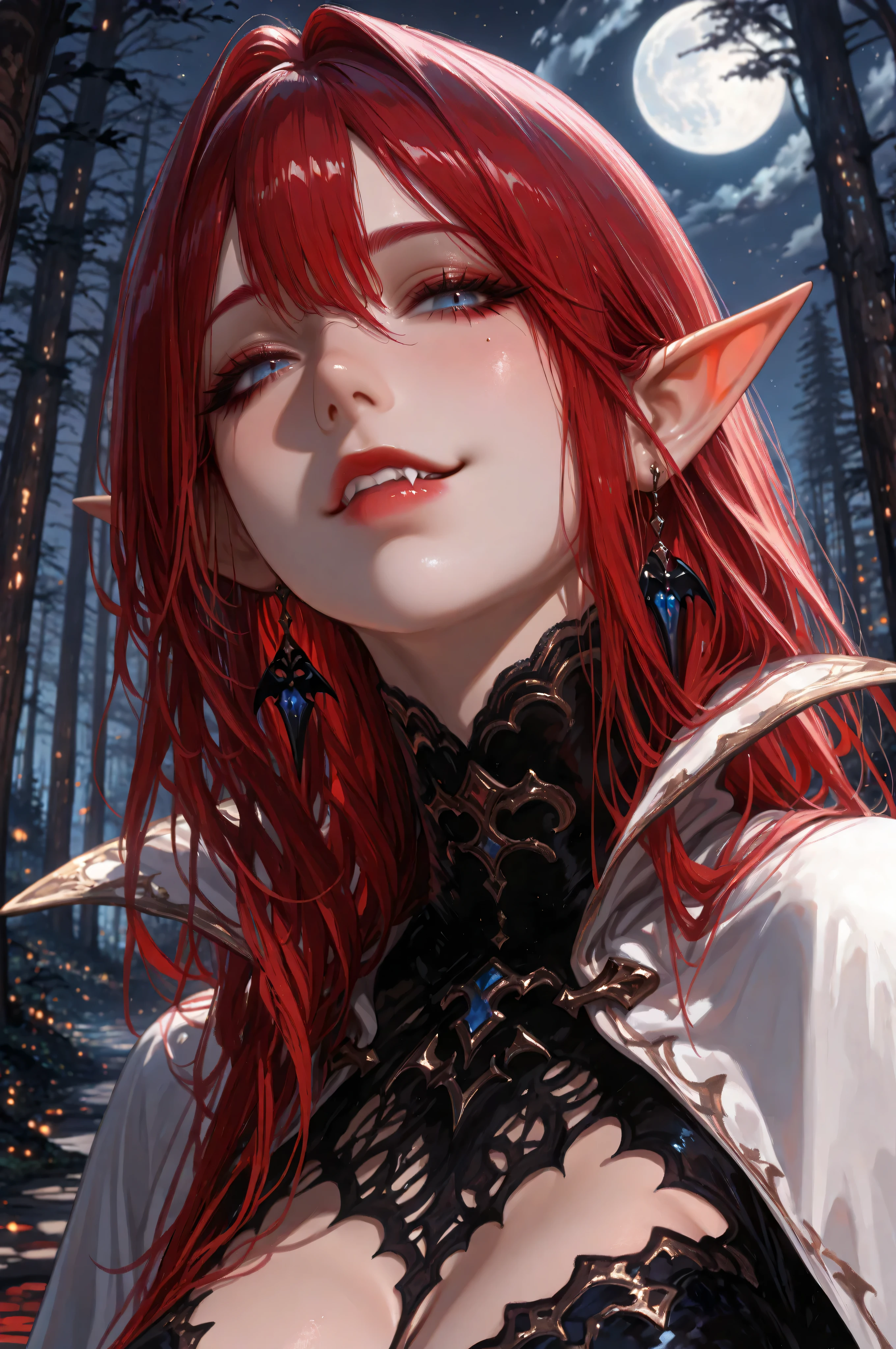 aidmaMJ6.1,femillustration,a portrait of a female elf vampire traveling on the forest road, an exquisite beautiful female elf (ultra details, Masterpiece, best quality), red hair, small pointed ears, pale skin, long hair, blue eyes, smirking, wearing dark black silk dress, intricate dress, dress (ultra details, Masterpiece, best quality), white cloak, in dark fantasy forest at night, dark trees, the moon is high in the sky, best anatomy, high details, best quality, 16k, [ultra detailed], masterpiece, best quality, (extremely detailed), close up, ultra wide shot, photorealistic, RAW, fantasy art, dnd art, fantasy art, realistic art,((best quality)), ((masterpiece)), (detailed), perfect face, RAW, dark fantasy art,  