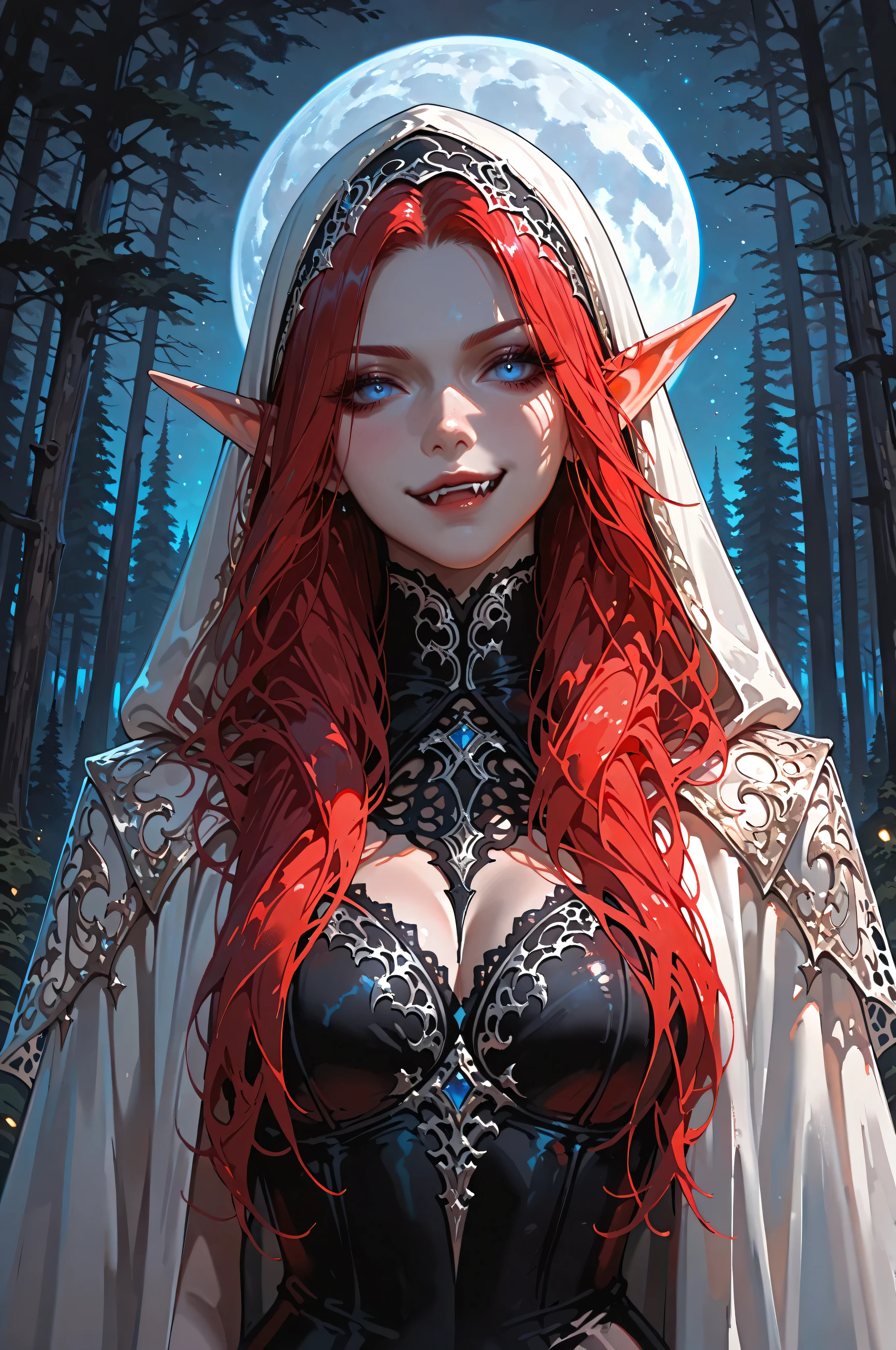 Fang,aidmaMJ6.1,femillustration,a portrait of a female elf vampire traveling on the forest road, an exquisite beautiful female elf (ultra details, Masterpiece, best quality), red hair, small pointed ears, pale skin, long hair, blue eyes, smirking, wearing dark black silk dress, intricate dress, dress (ultra details, Masterpiece, best quality), white cloak, in dark fantasy forest at night, dark trees, the moon is high in the sky, best anatomy, high details, best quality, 16k, [ultra detailed], masterpiece, best quality, (extremely detailed), close up, ultra wide shot, photorealistic, RAW, fantasy art, dnd art, fantasy art, realistic art,((best quality)), ((masterpiece)), (detailed), perfect face, RAW, dark fantasy art,  