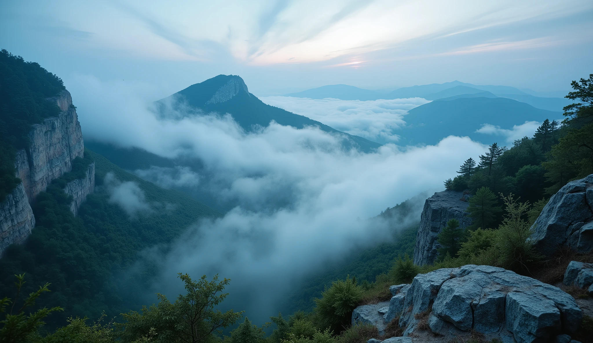 The Appalachian Mountains with swirling mist, ultra-realistic 8K resolution.