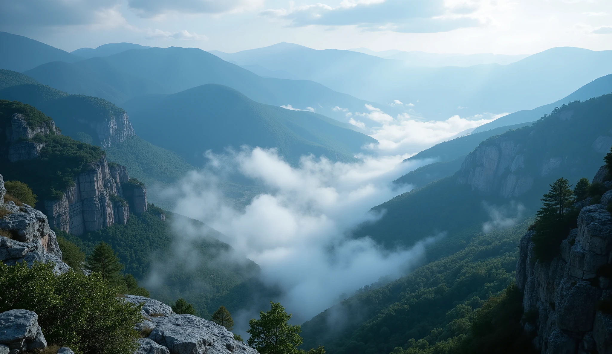 The Appalachian Mountains with swirling mist, ultra-realistic 8K resolution.