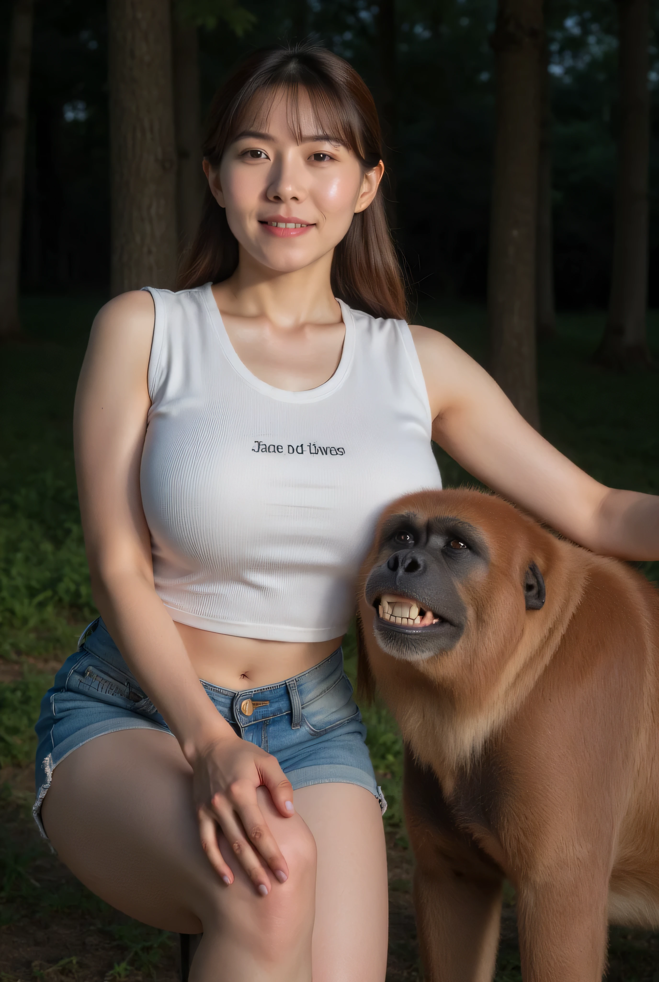 Masterpiece, 1 girl, Japanese adult idol, brown twintails with bangs, big, heavy natural breasts, (white sleeveless t-shirt), short jeans shorts, flirtatious expression, cute face, blushing, Masterpiece, 1 girl, (big natural breasts, (thick arms), (chubby and slender oriental beauty), thick thighs), (sleeveless t-shirt with "only gorilla seed" written on it), short jeans shorts, flirtatious, cute face, blushing, farm girl, farmer, country girl, (she is aroused next to a male gorilla who is hanging affectionately and intimately), muscular male gorilla next to her, male gorilla penis, (large flaccid stallion penis), horse lover, real animal fur, thick sperm of a male gorilla, in a dark and secluded dense pine forest at night - bestiality is about to happen, night, artificial lighting, front view, original photography - ultra-realistic, 16K UHD