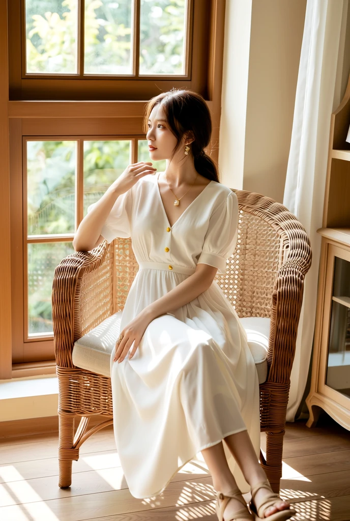 24 year old Caucasian female、 proportions、、smile、smile、happiness、Flower-filled palace gardens、Tables and chairs on the lawn、A complete English tea set is placed on the table.、Sit in a chair and enjoy afternoon tea time、Wear an off-the-shoulder dress、Wear stiletto heels、The brim is wide and decorated with flowers.(Used by nobles)Wear your hat at an angle、Cowboy Shot