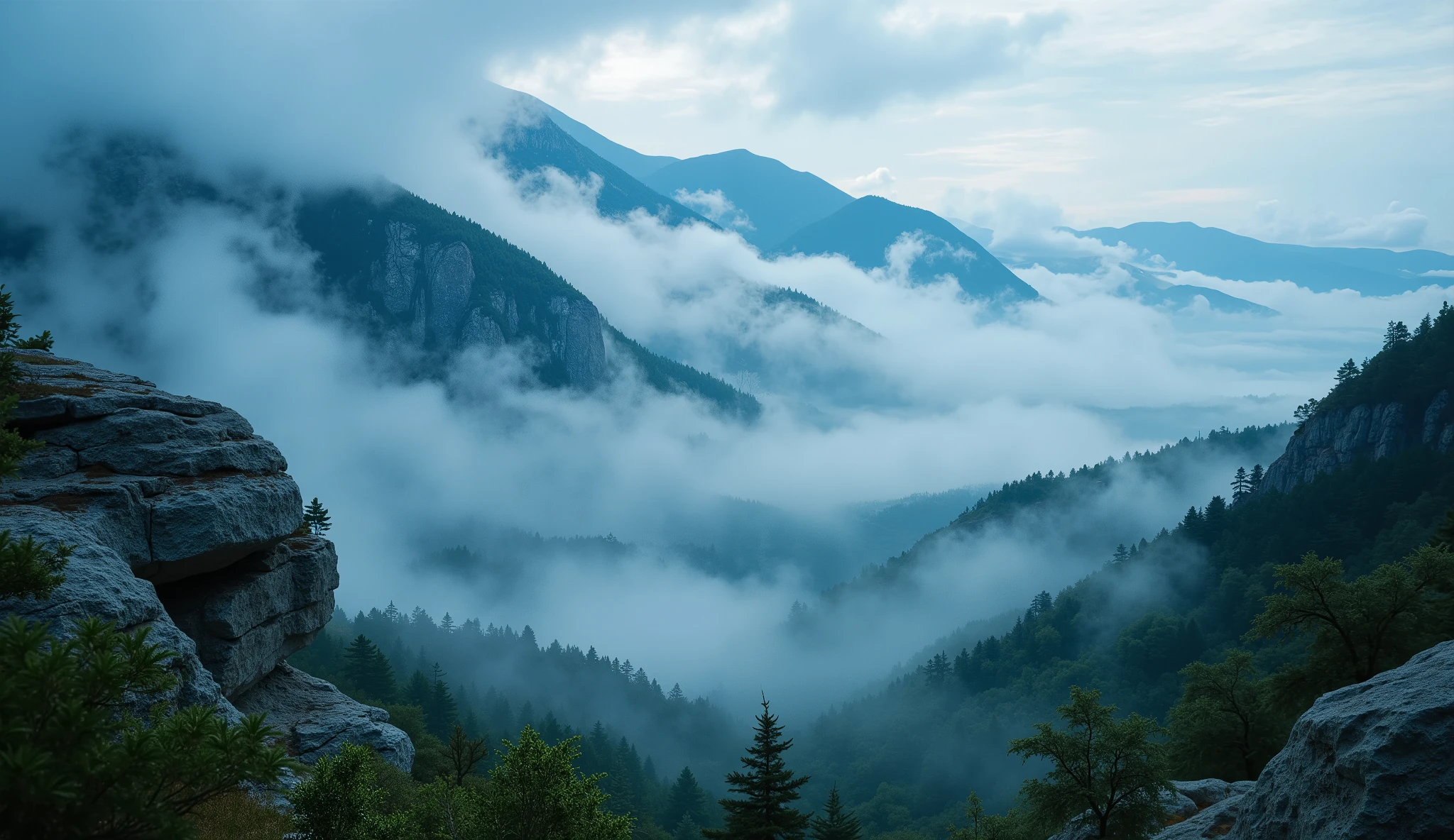 The Appalachian Mountains with swirling mist, ultra-realistic 8K resolution.